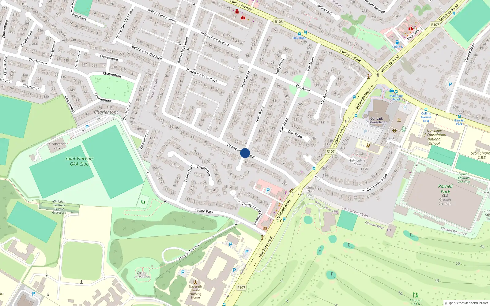 Overhead map showing the location of 10 Lower Donycarney Road, Donycarney, Dublin 5