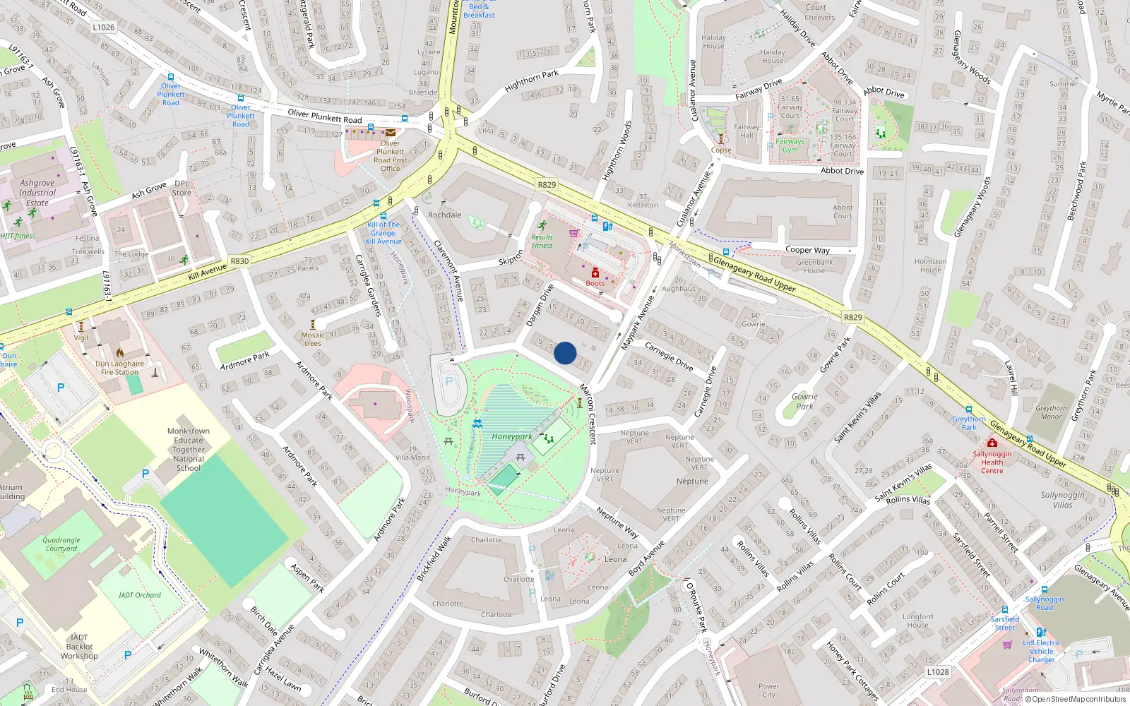Overhead map showing the location of 10 Marconi Crescent, Honeypark, Dun Laoghaire