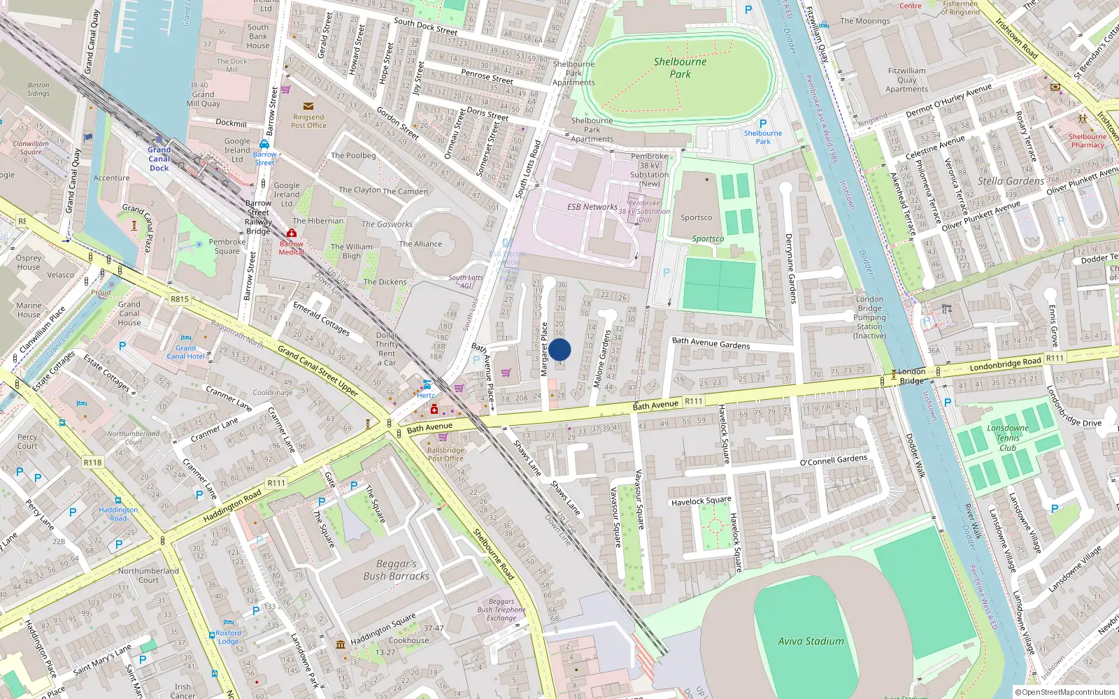 Overhead map showing the location of 10 Margaret Place, Dublin 4