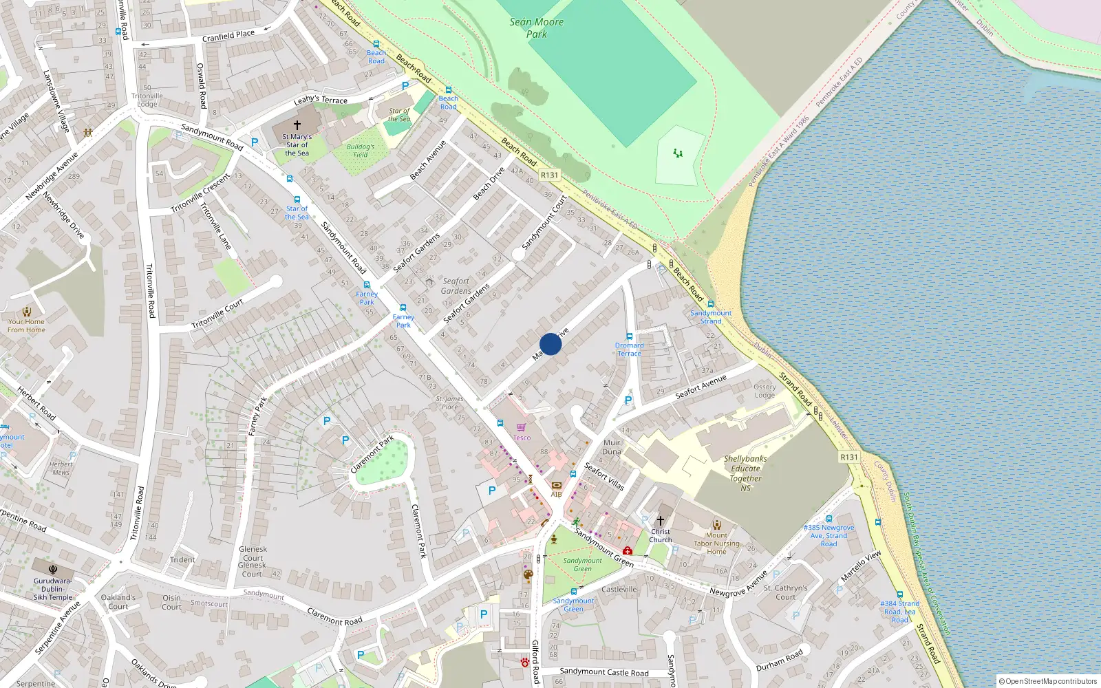 Overhead map showing the location of 10 Marine Drive, Sandymount