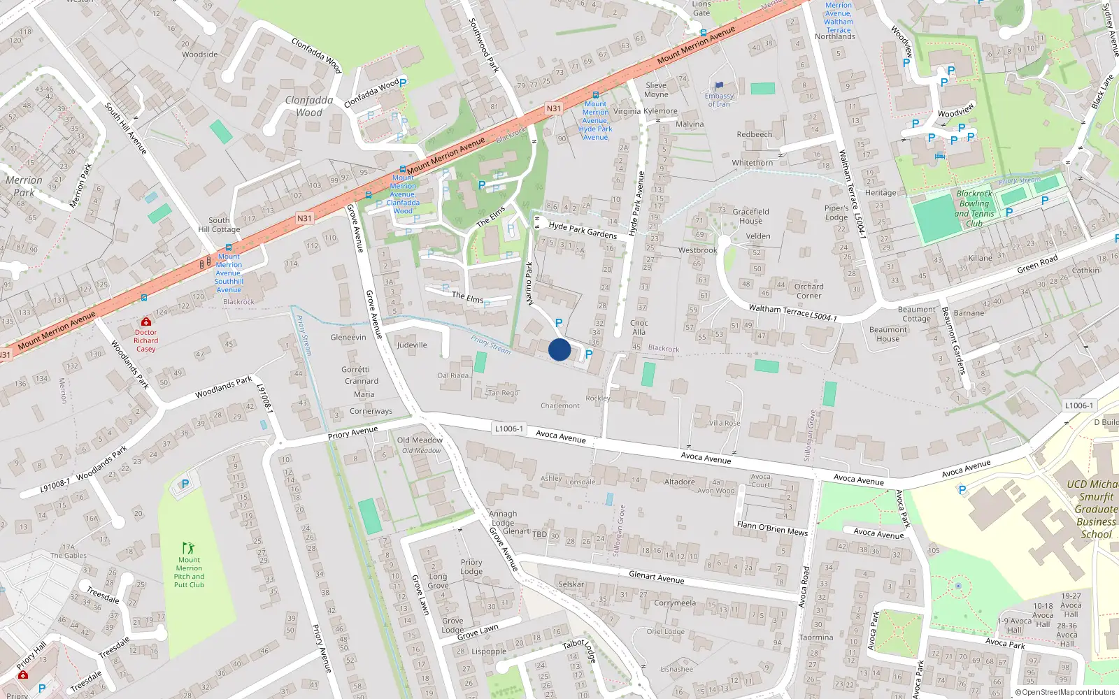 Overhead map showing the location of 10 Marino Park, Blackrock