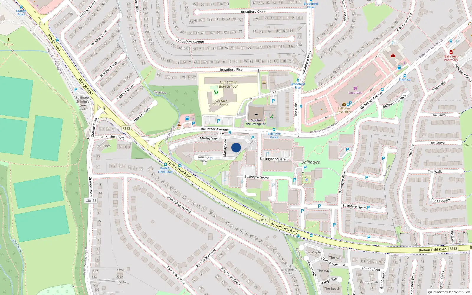 Overhead map showing the location of 10 Marley View, Ballinteer Avenue, Dublin 16