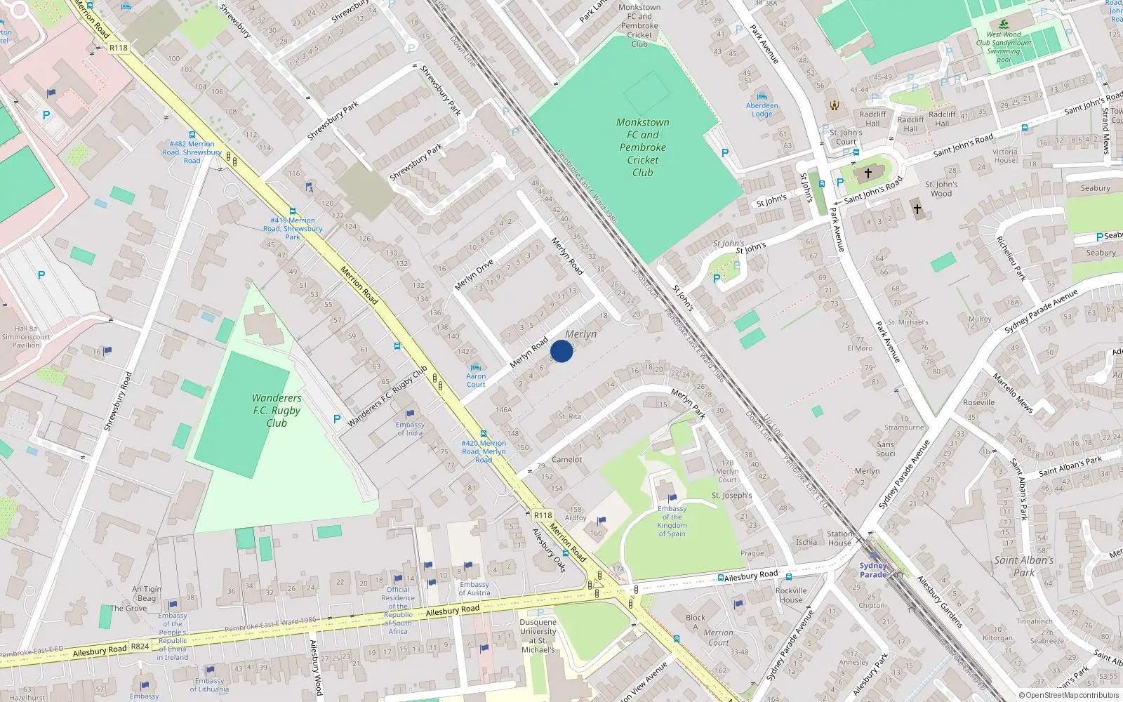 Overhead map showing the location of 10 Merlyn Road, Ballsbridge
