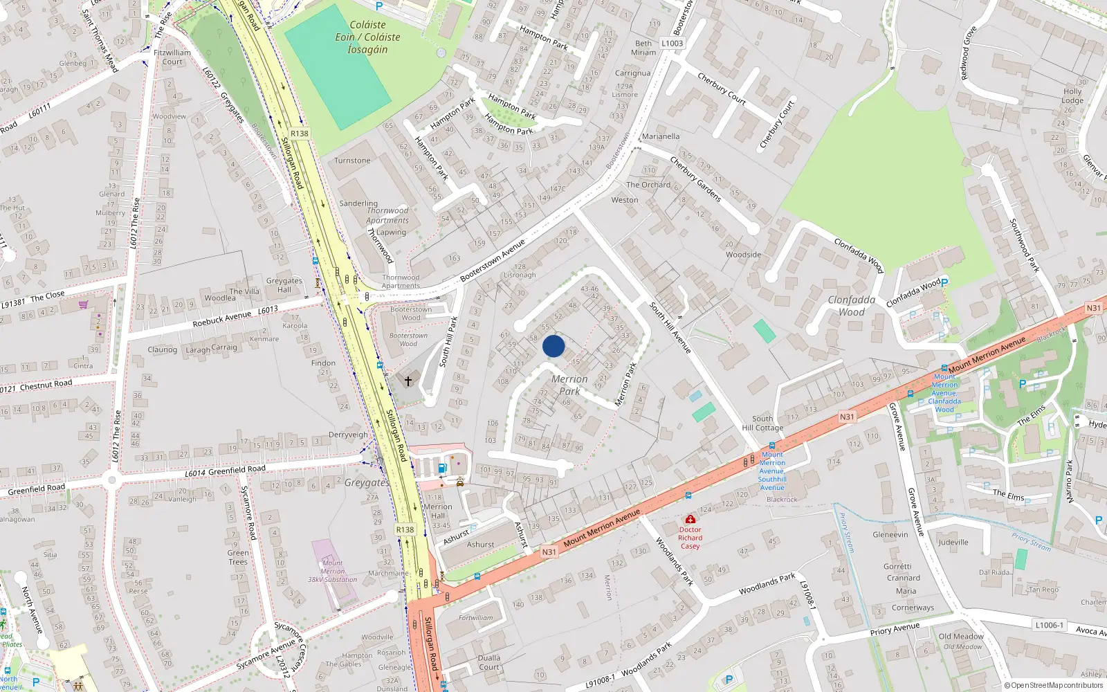 Overhead map showing the location of 10 Merrion Park, Blackrock