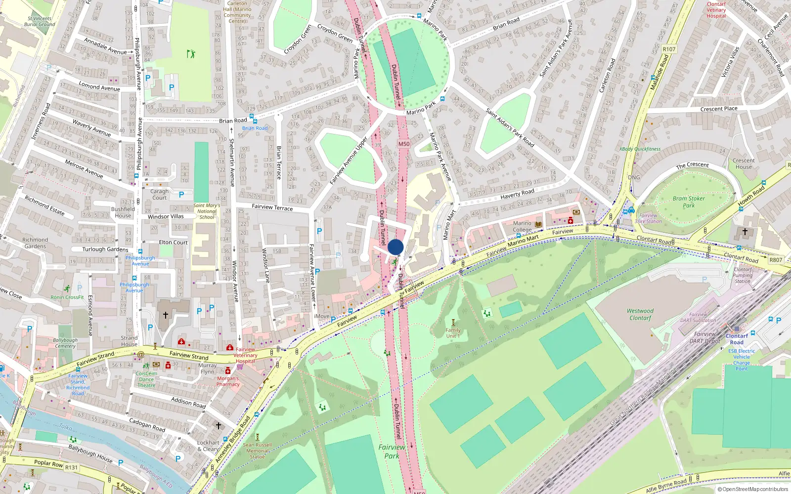 Overhead map showing the location of 10 Merville Avenue, Fairview, Dublin 3