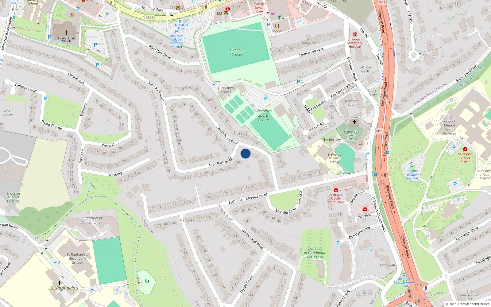 Overhead map showing the location of 10 Merville Avenue, Dublin