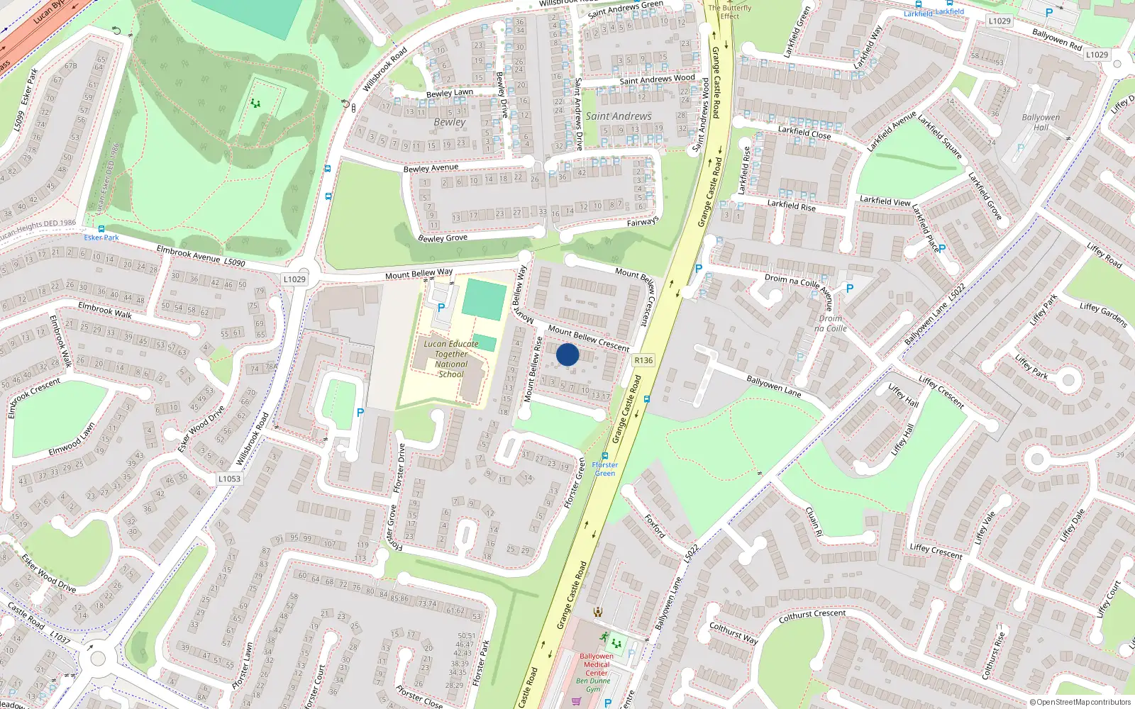 Overhead map showing the location of 10 Mount Bellew Crescent, Lucan, Dublin