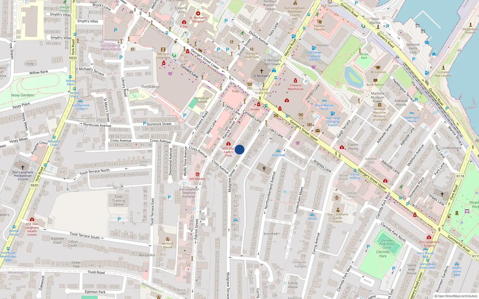 Overhead map showing the location of 10 Mulgrave Street, Dublin