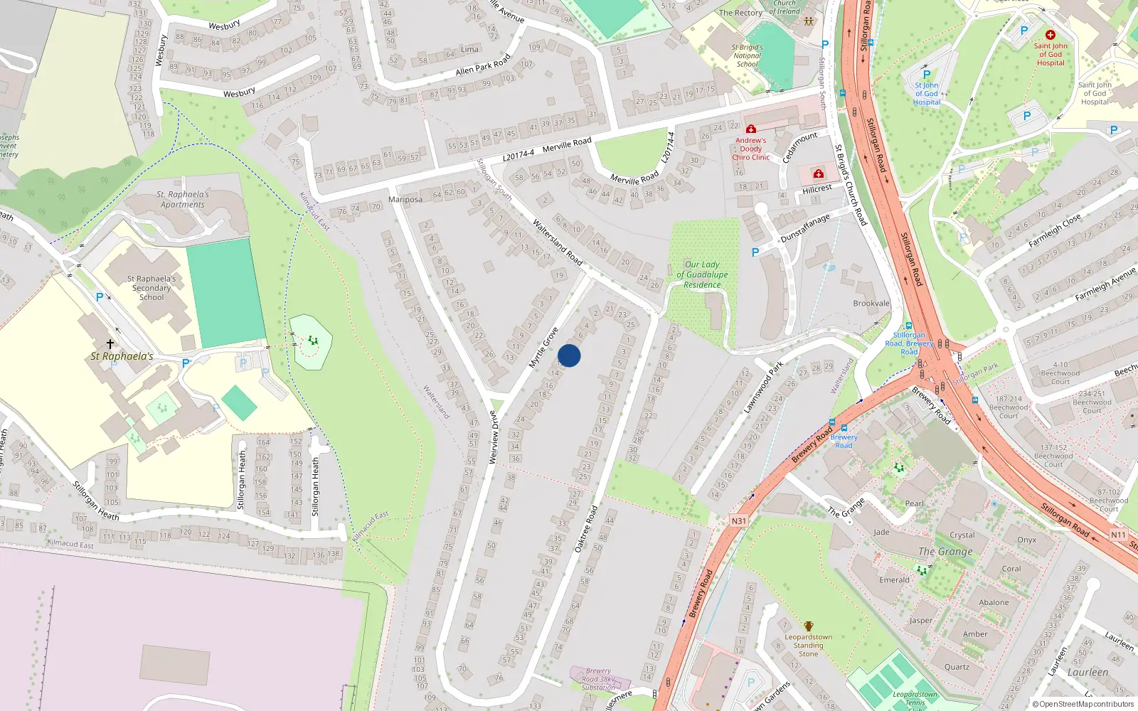 Overhead map showing the location of 10 Myrtle Grove, Dublin