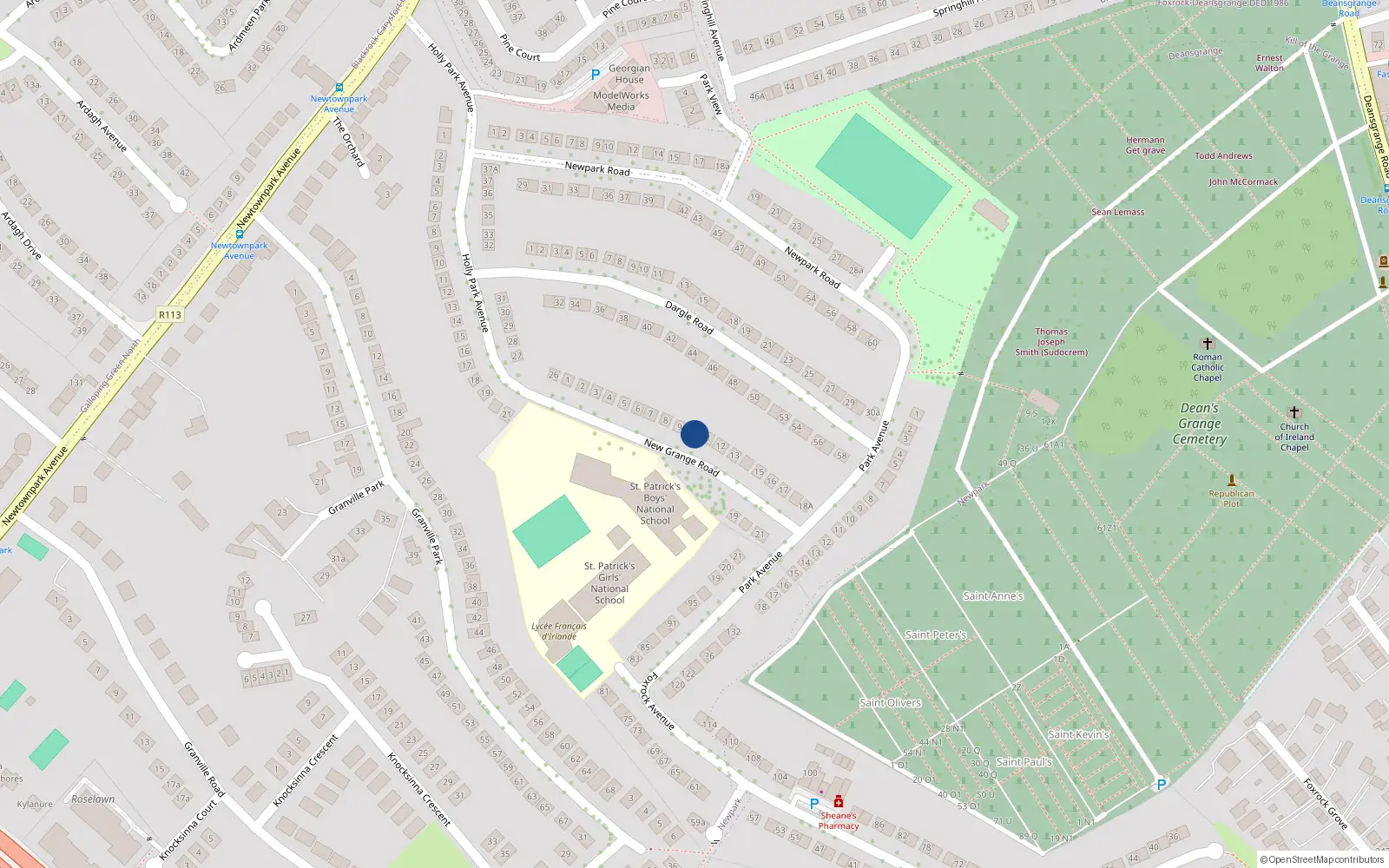 Overhead map showing the location of 10 New Grange Road, Blackrock, Dublin