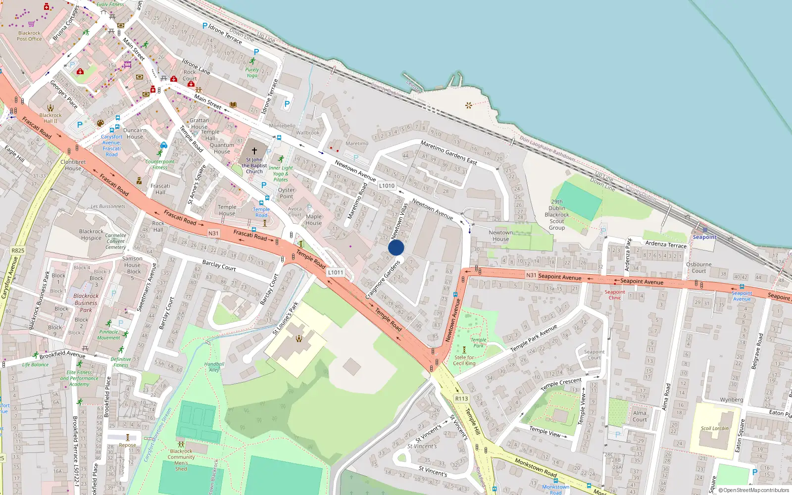 Overhead map showing the location of 10 Newtown Villas, Blackrock, Dublin