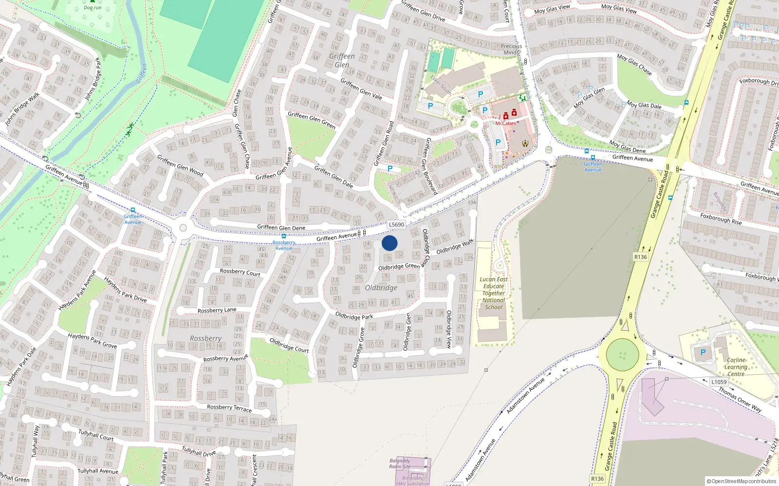 Overhead map showing the location of 10 Oldbridge Green, Lucan, Dublin