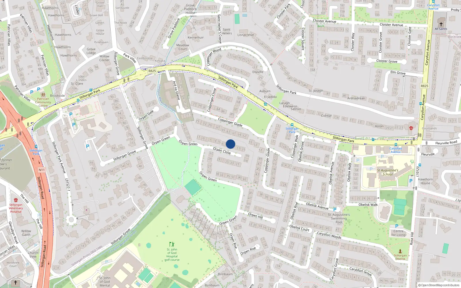 Overhead map showing the location of 10 Orpen Close, Blackrock