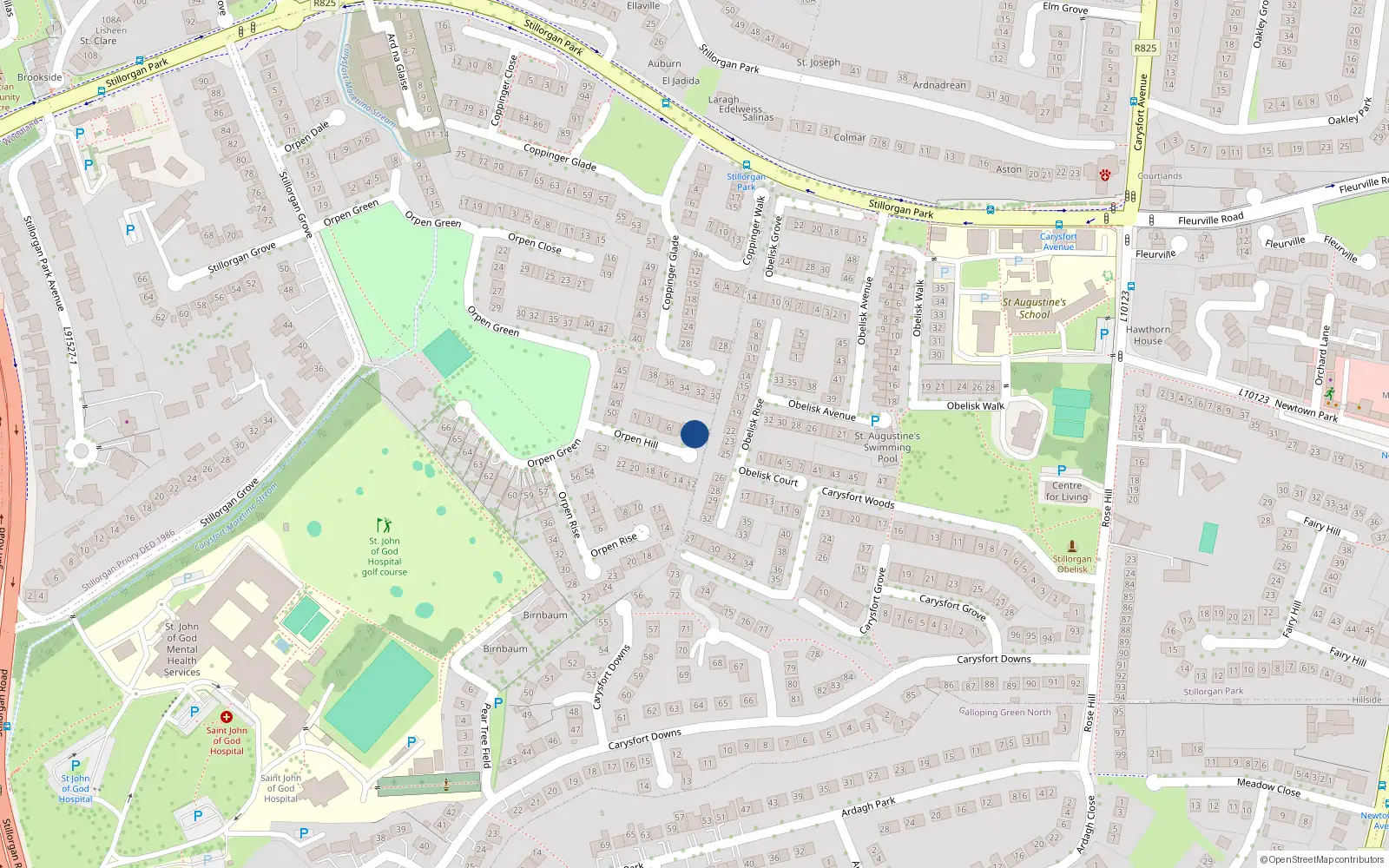 Overhead map showing the location of 10 Orpen Hill, Stillorgan Grove, Blackrock