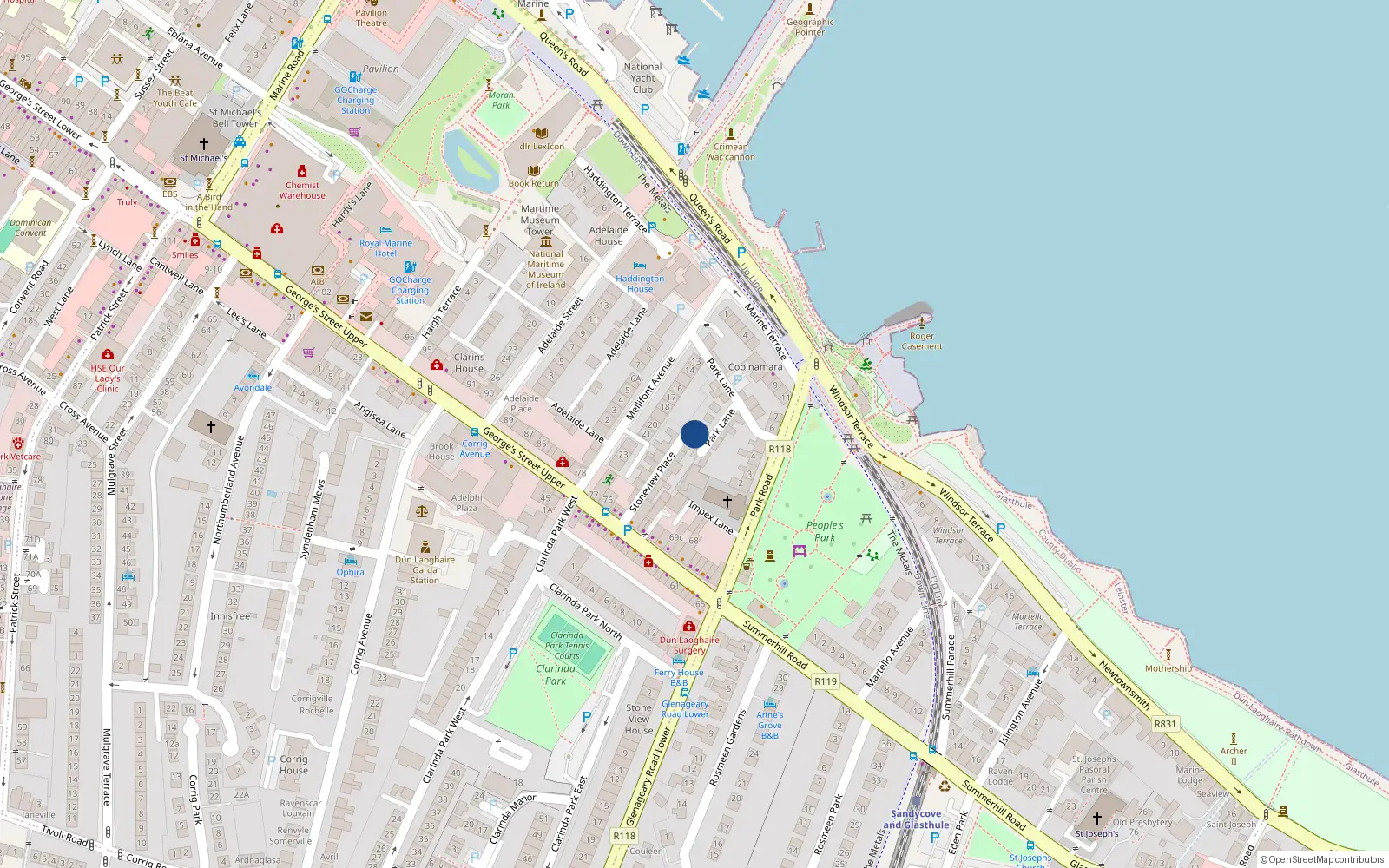 Overhead map showing the location of 10 Park Lane, Dun Laoghaire, Co Dublin