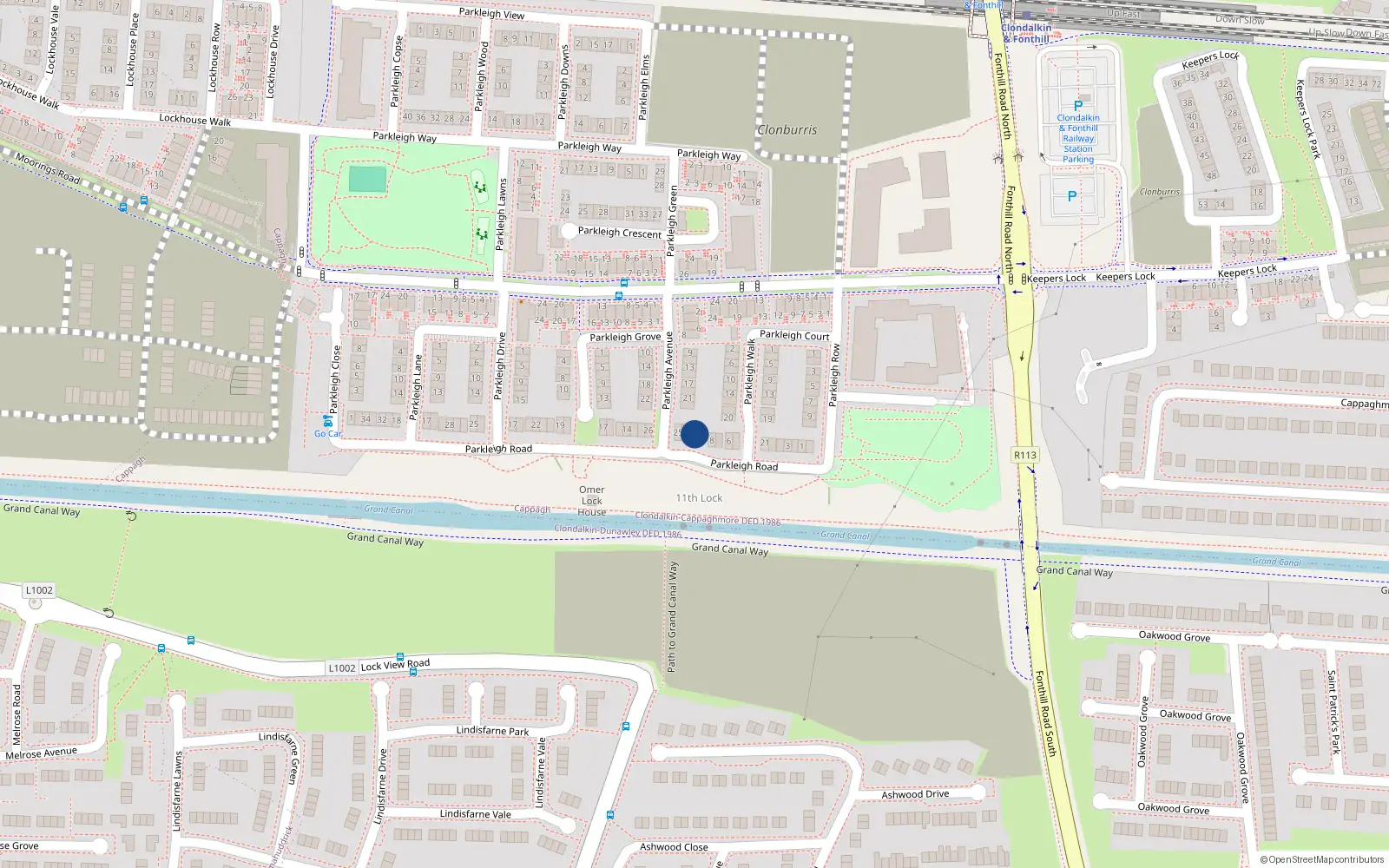 Overhead map showing the location of 10 Parkleigh Road, Dublin 22