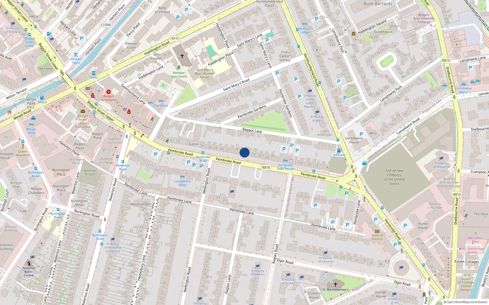 Overhead map showing the location of 64 Pembroke Road, Ballsbridge Dublin 4