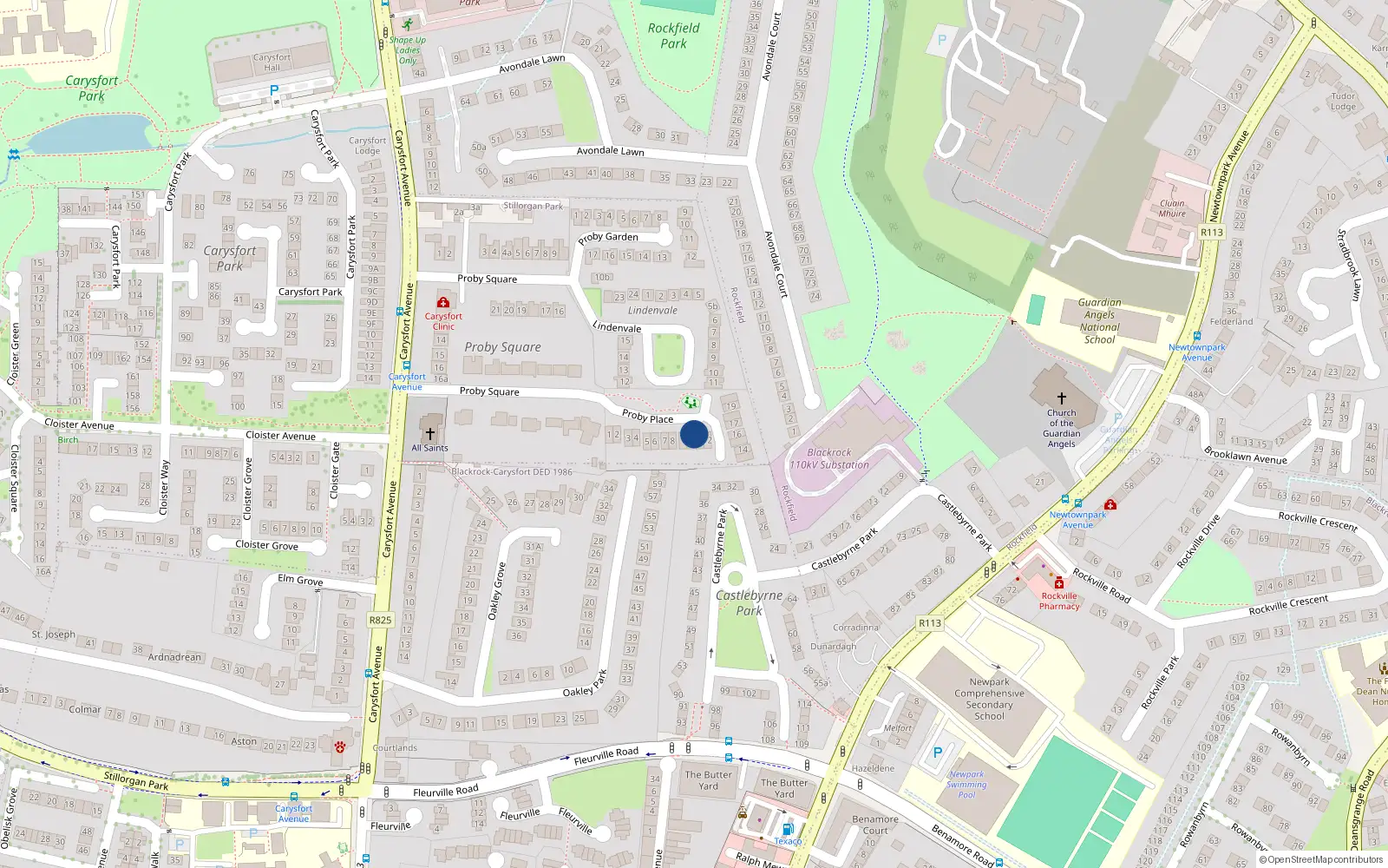 Overhead map showing the location of 10 Proby Place, Blackrock