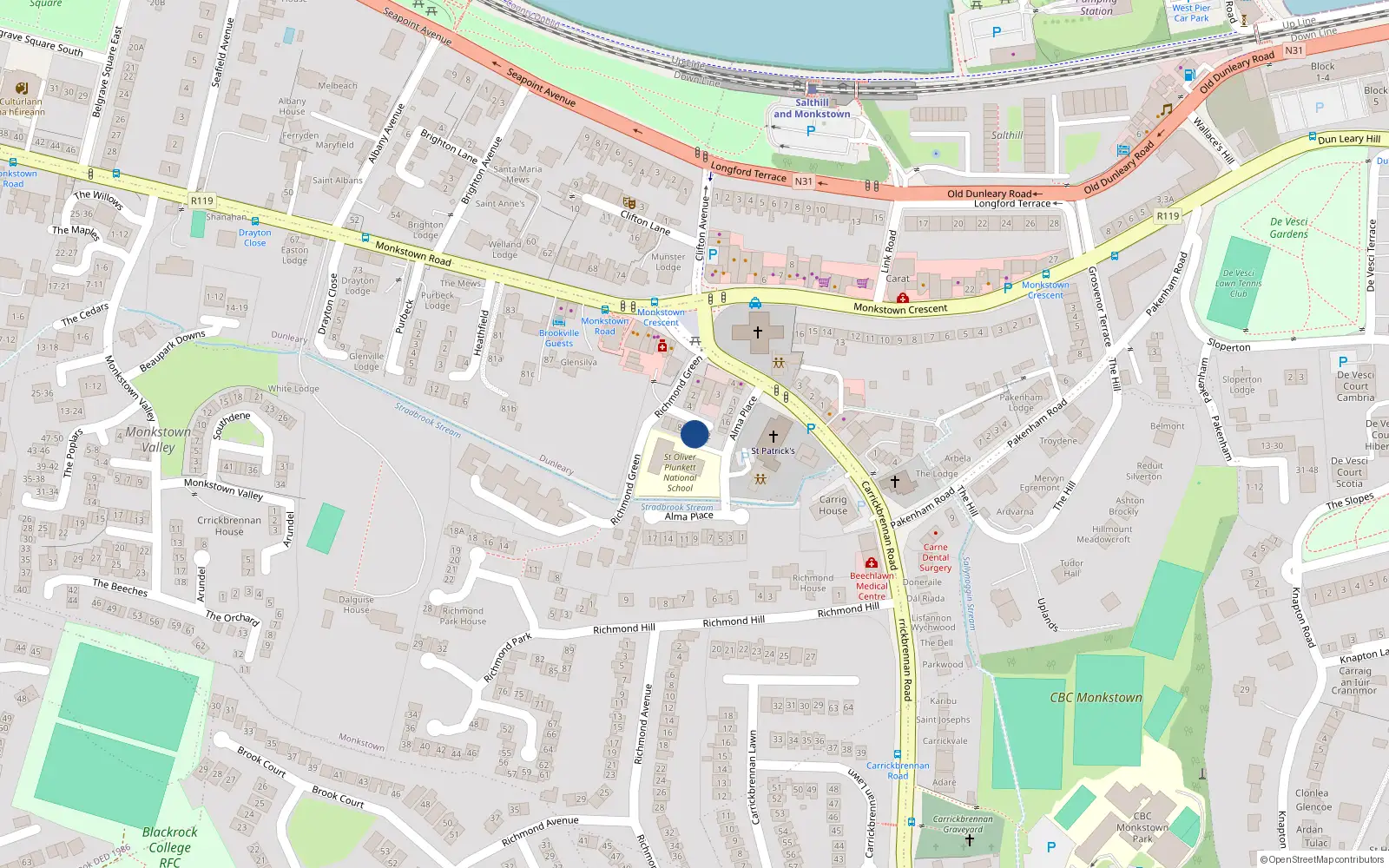 Overhead map showing the location of 10 Richmond Green, Monkstown
