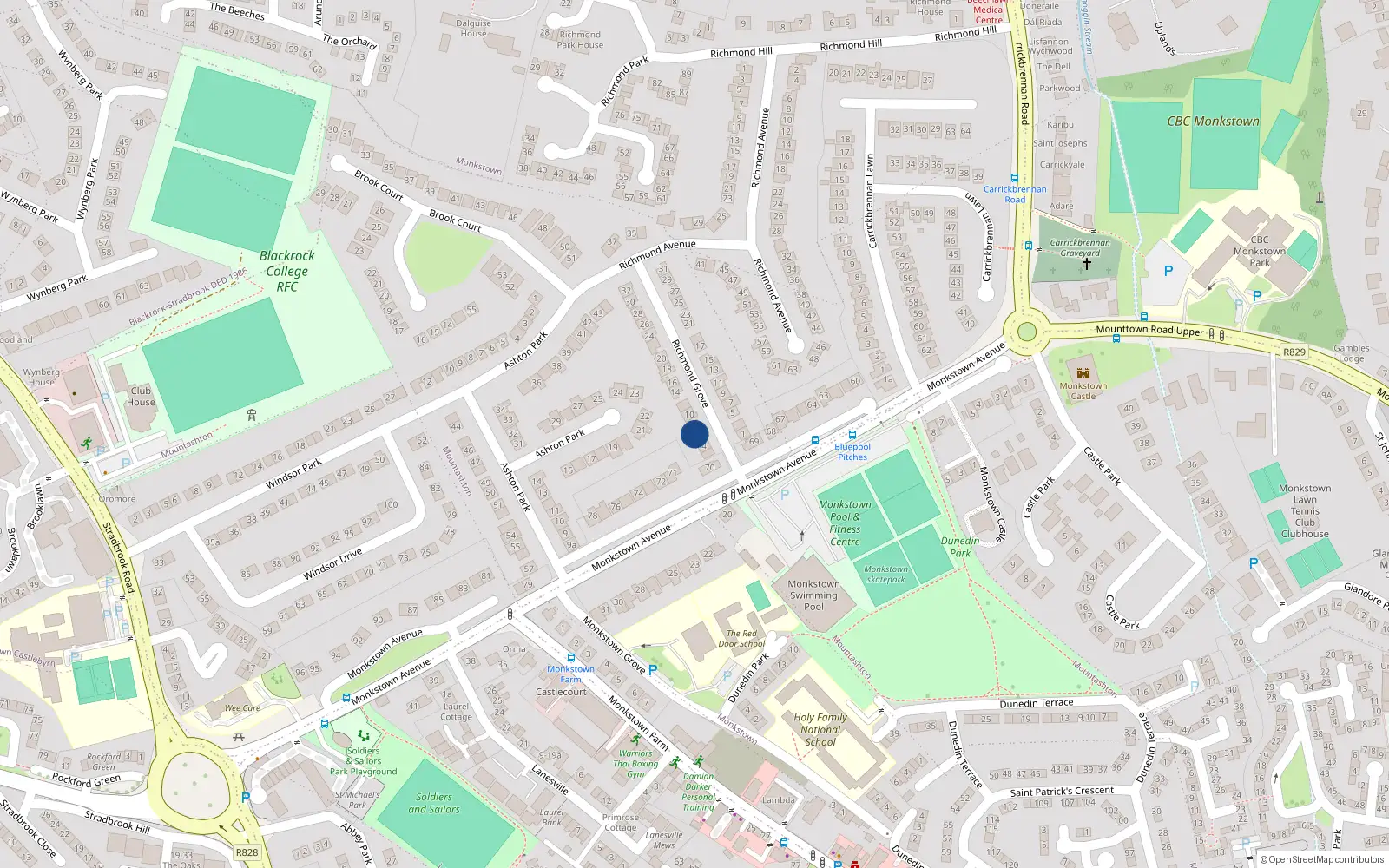 Overhead map showing the location of 10 Richmond Grove, Monkstown, Blackrock