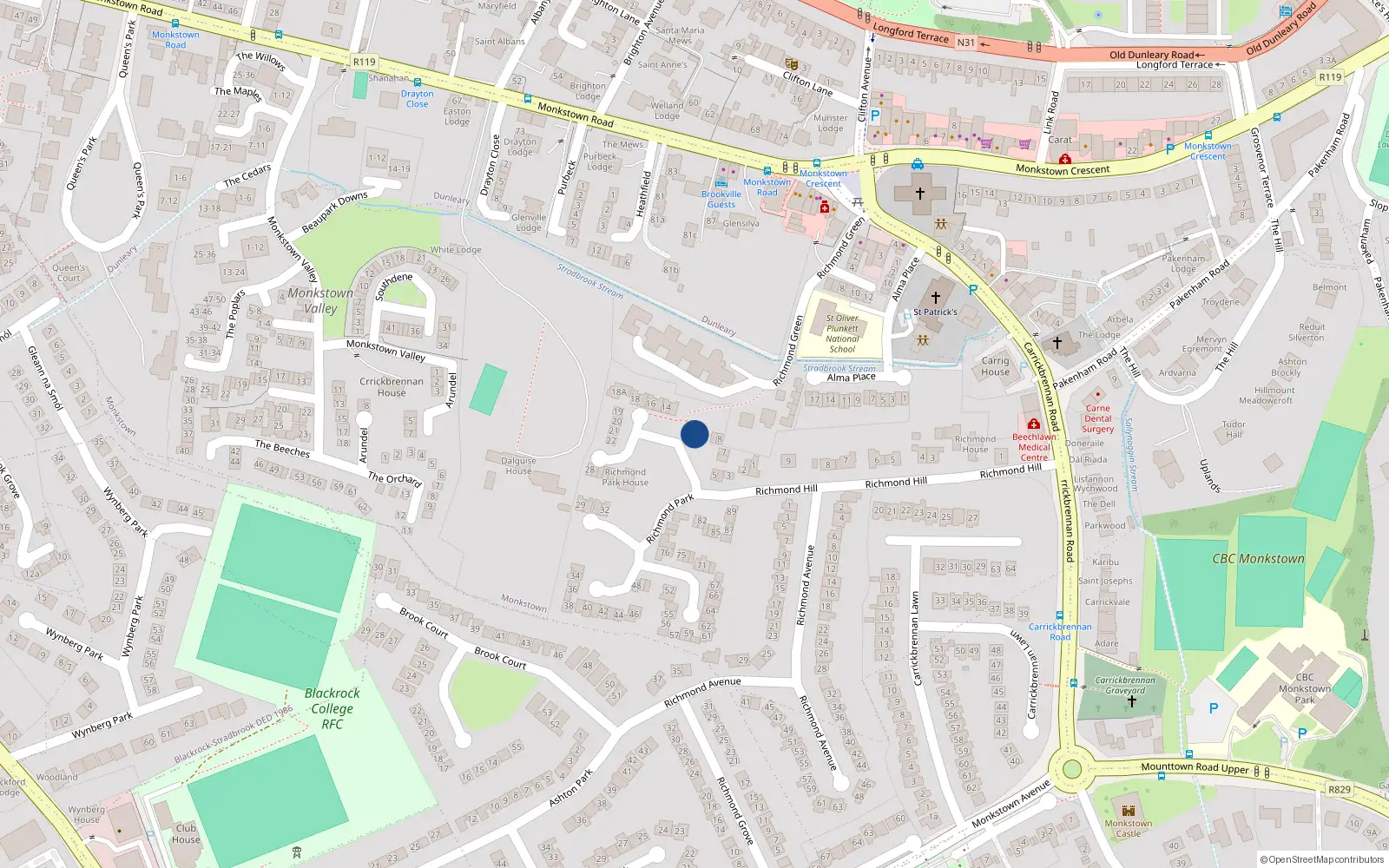 Overhead map showing the location of 10 Richmond Park, Monkstown, Dublin