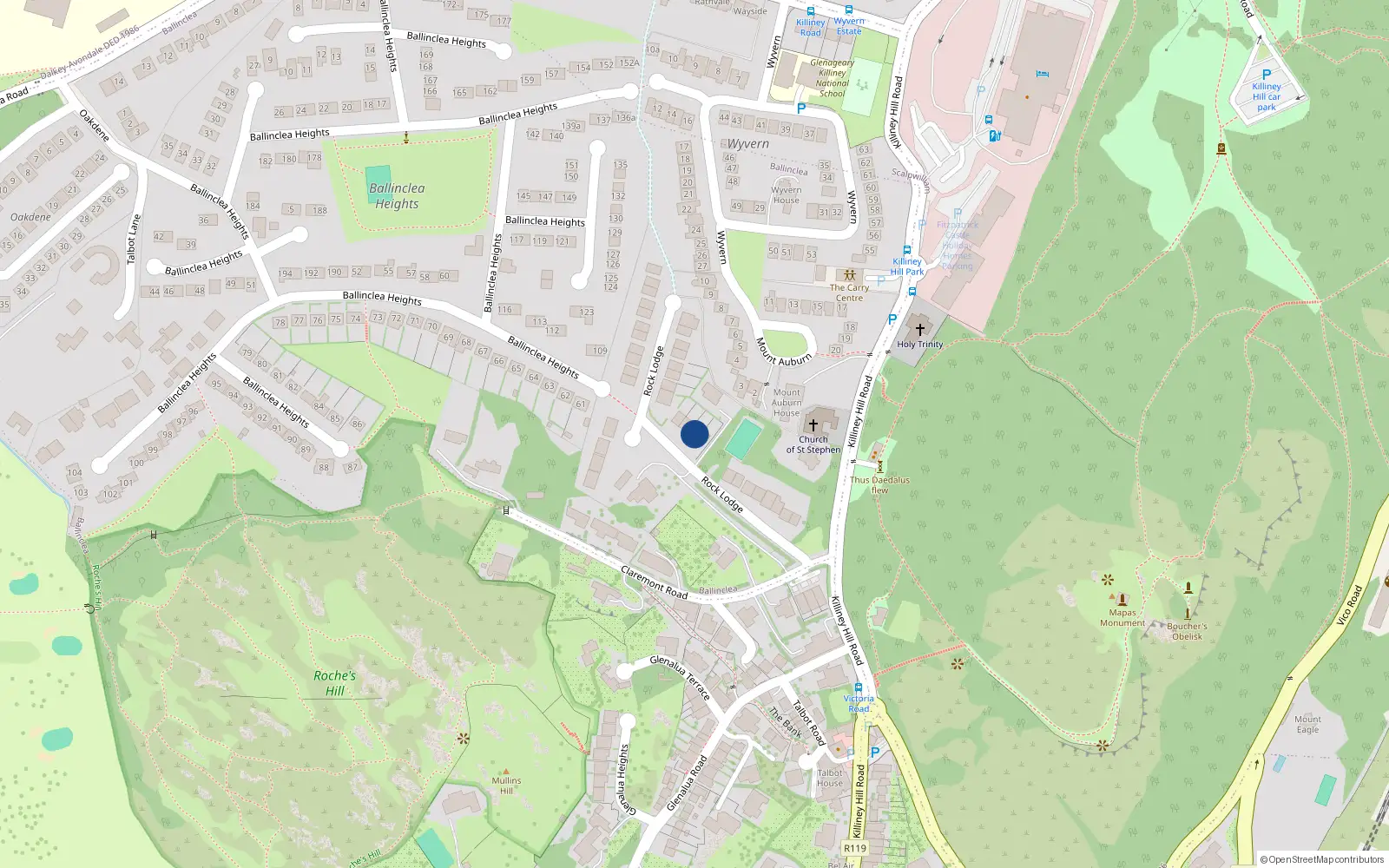 Overhead map showing the location of 10 Rock Lodge, Killiney, Dublin