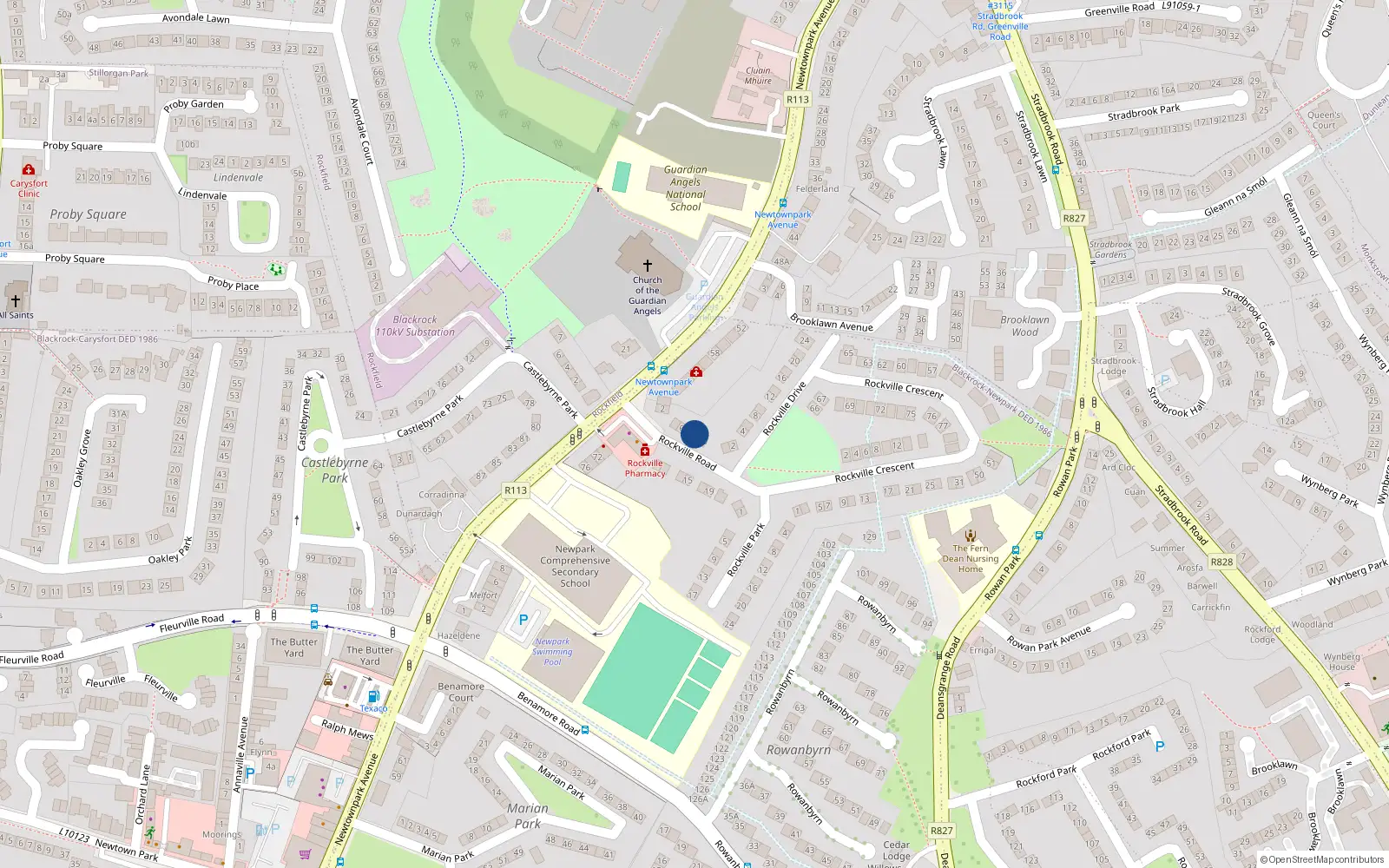 Overhead map showing the location of 10 Rockville Road, Blackrock