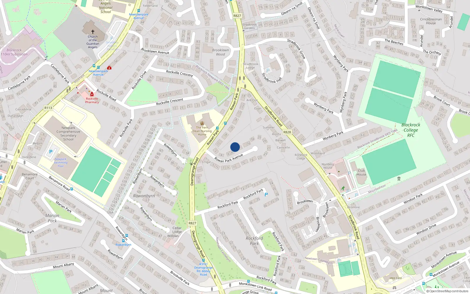 Overhead map showing the location of 10 Rowan Park Avenue, Blackrock