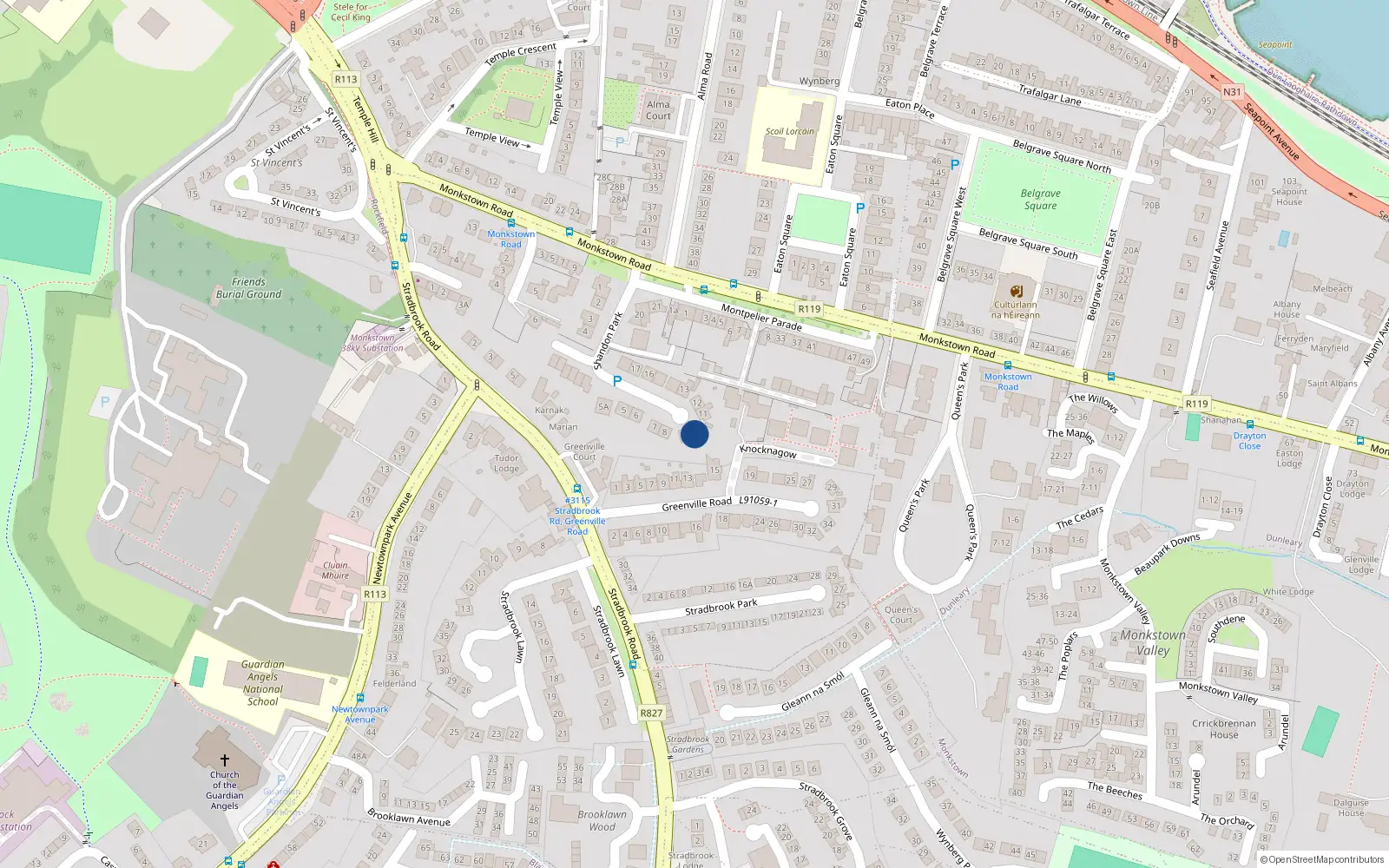 Overhead map showing the location of 10 Shandon Park, Monkstown, Dublin