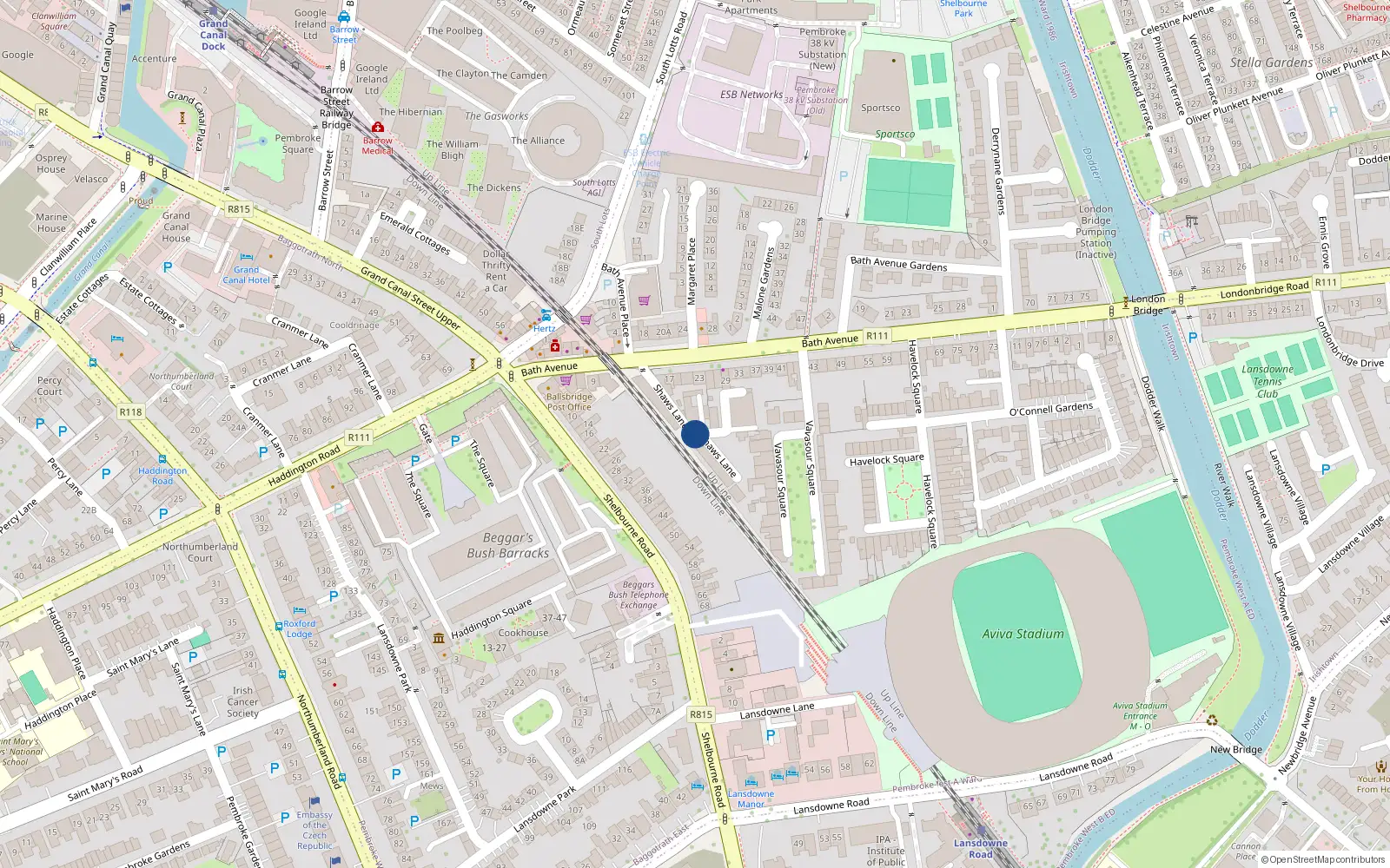 Overhead map showing the location of 10 Shaws Lane, Sandymount