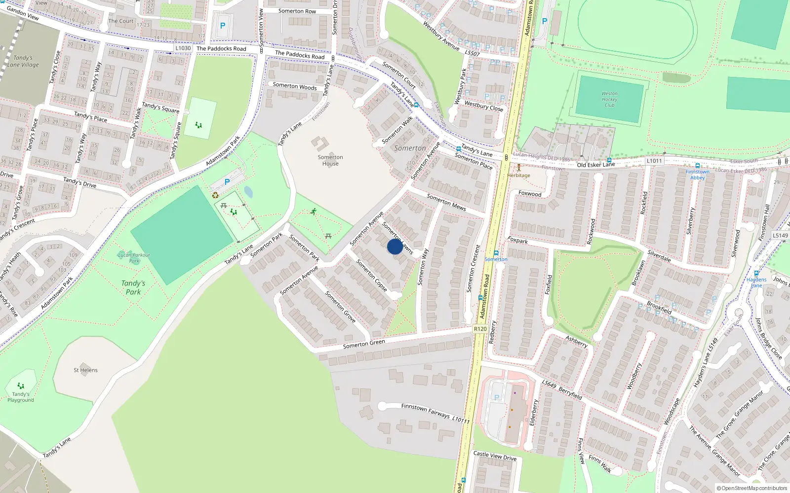 Overhead map showing the location of 10 Somerton Lawns, Finnstown