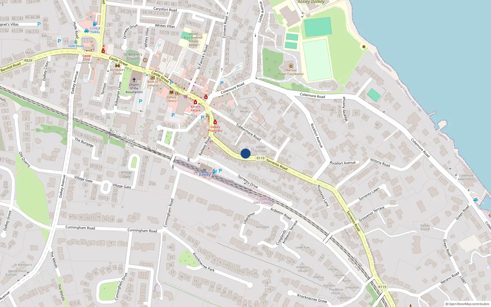 Overhead map showing the location of 10 Sorrento Road, Dalkey, Dublin