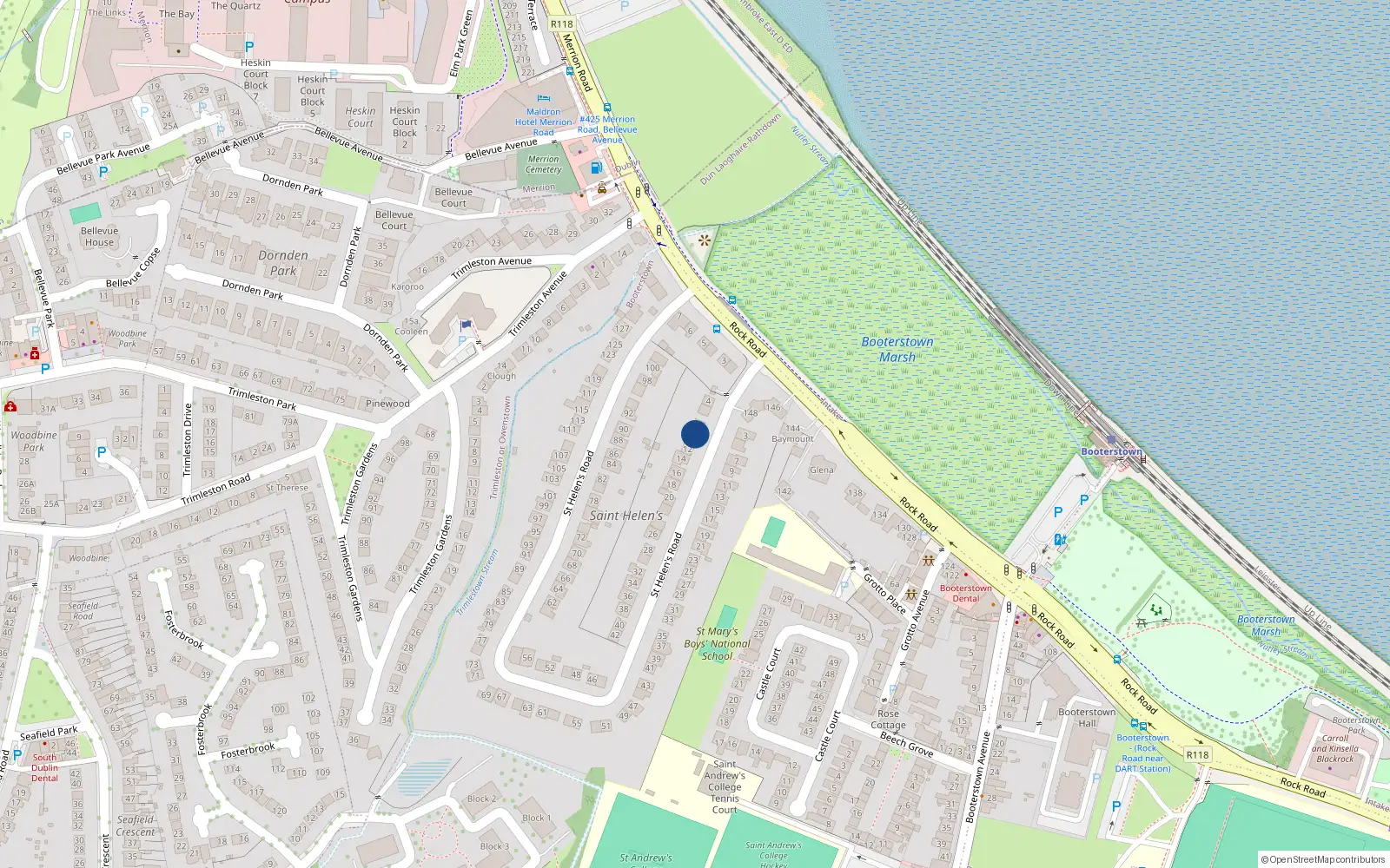 Overhead map showing the location of 10 St Helen's Road, Booterstown