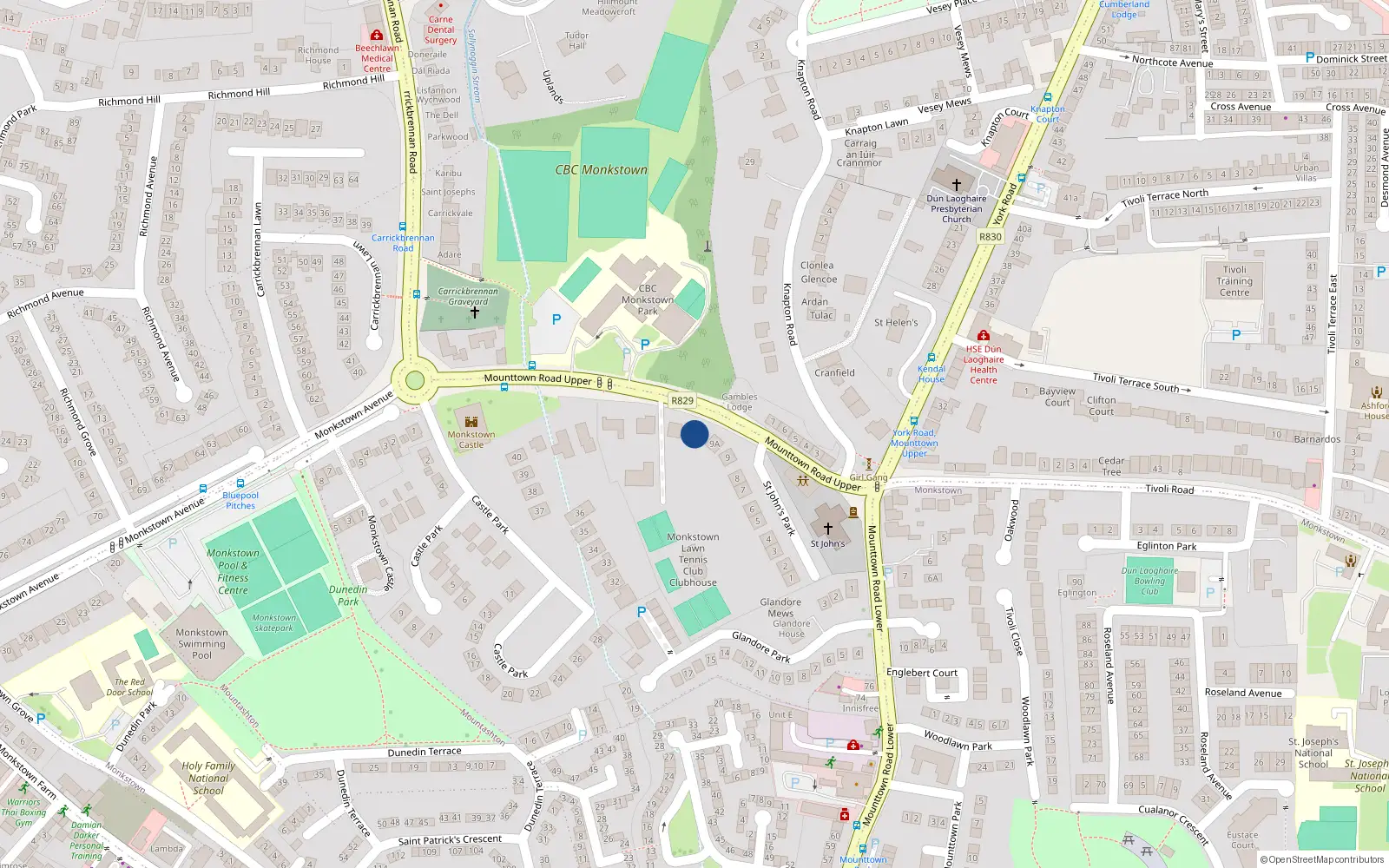 Overhead map showing the location of 10 St Johns Park, Dun Laoghaire, Dublin