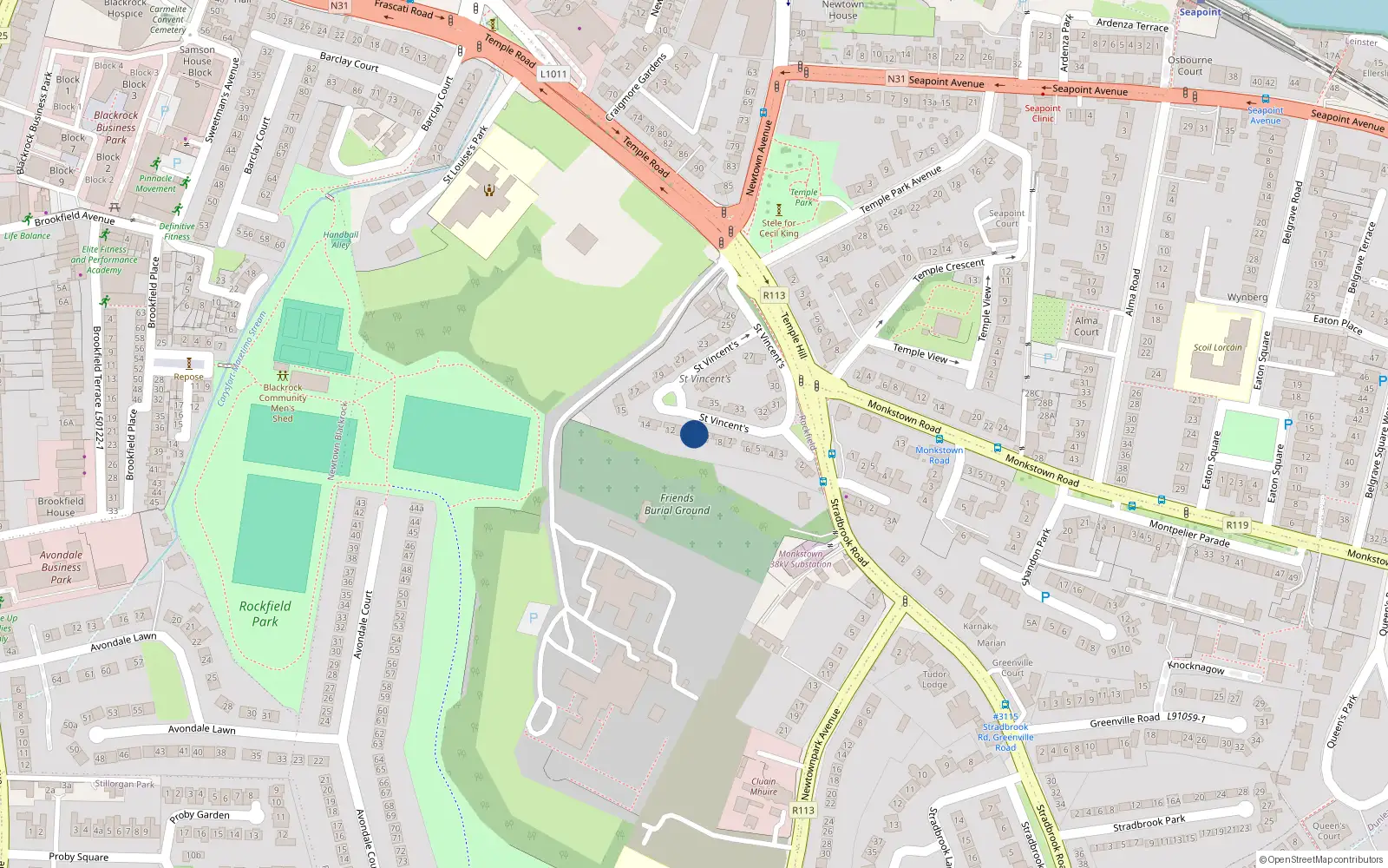 Overhead map showing the location of 10 St Vincents Park, Temple Hill, Blackrock
