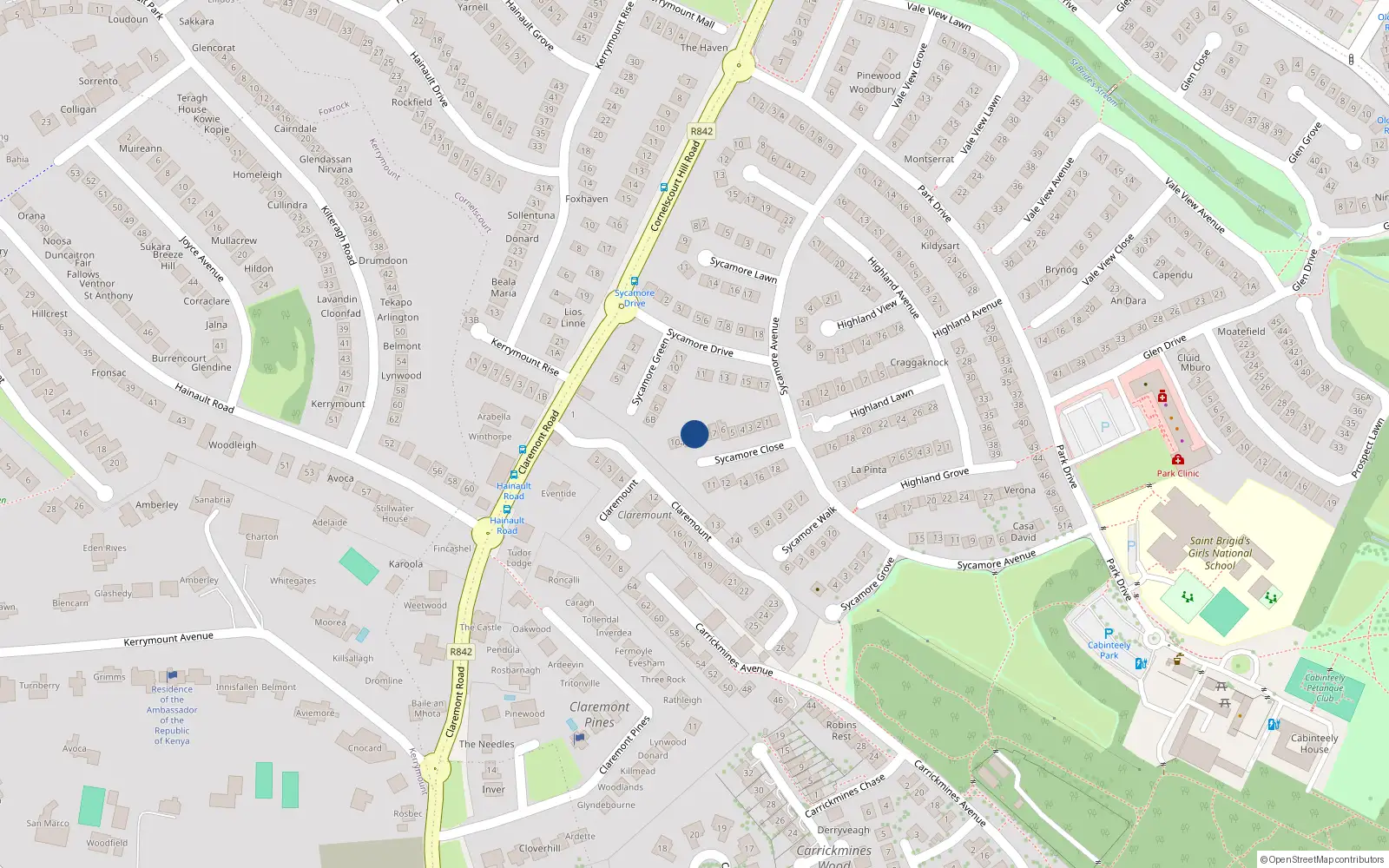 Overhead map showing the location of 10 Sycamore Close, Dublin 18