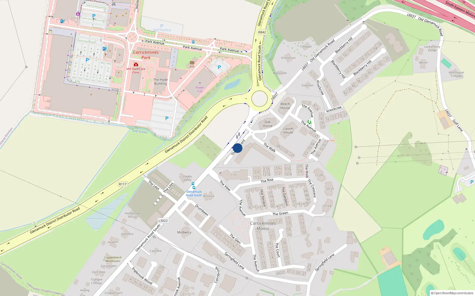 Overhead map showing the location of 10 The Crescent Carrickmines Green, Carrickmines