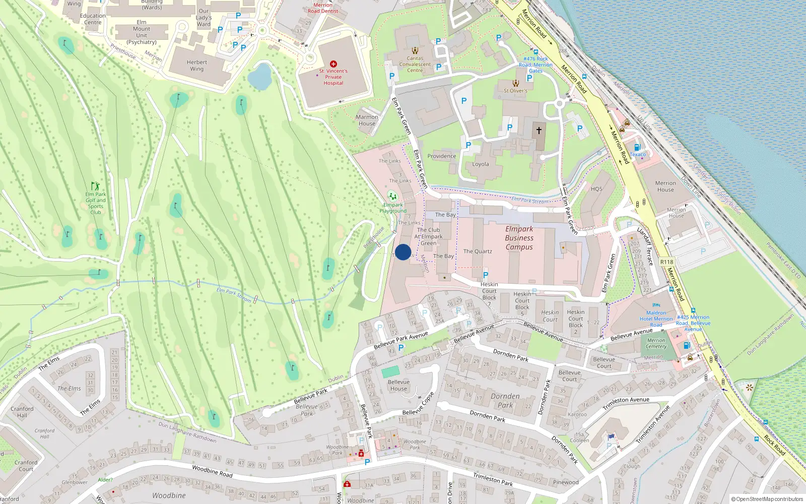 Overhead map showing the location of 10 the Links, Elm Park, Merrion Road