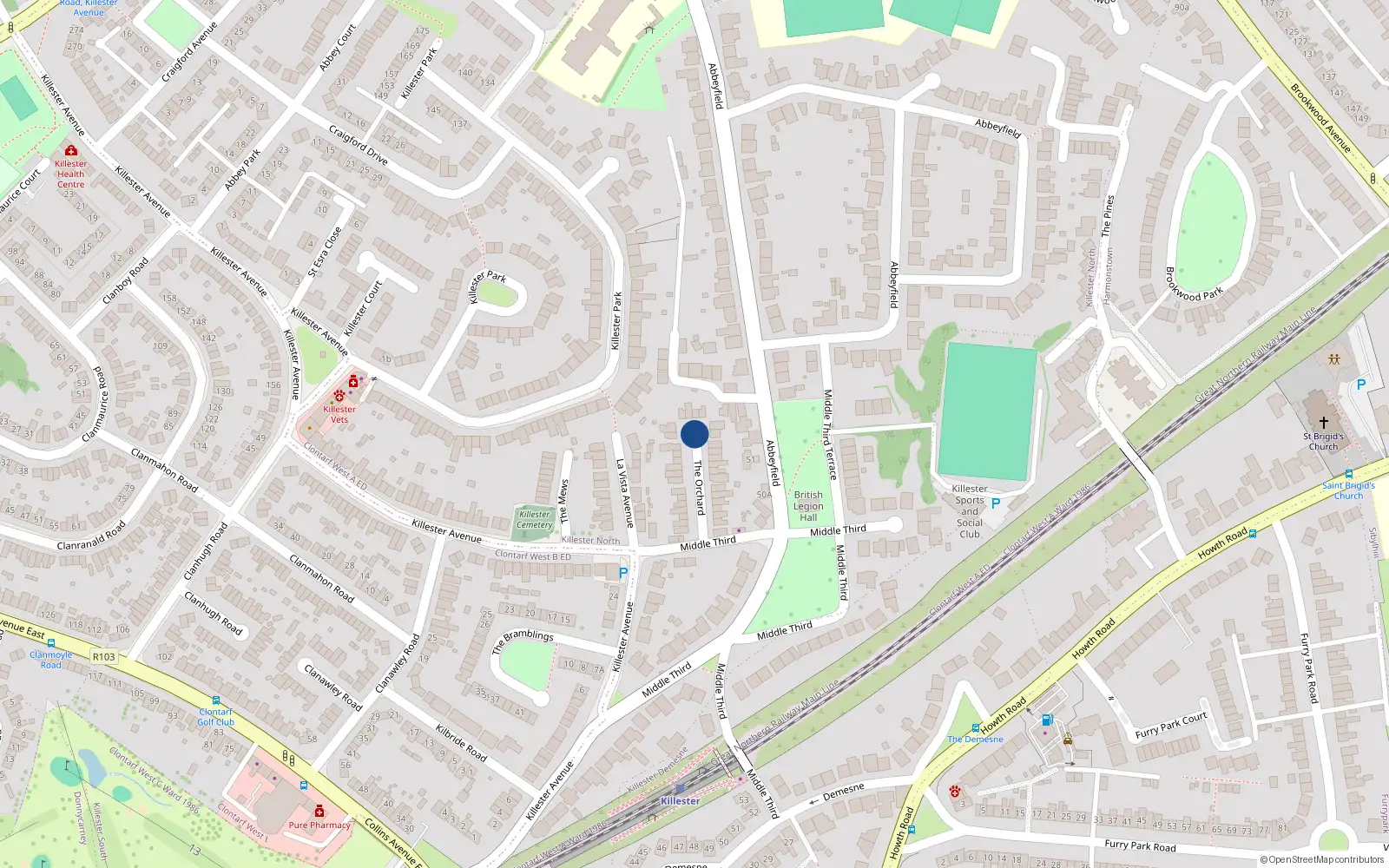 Overhead map showing the location of 10 The Orchard, Dublin 5