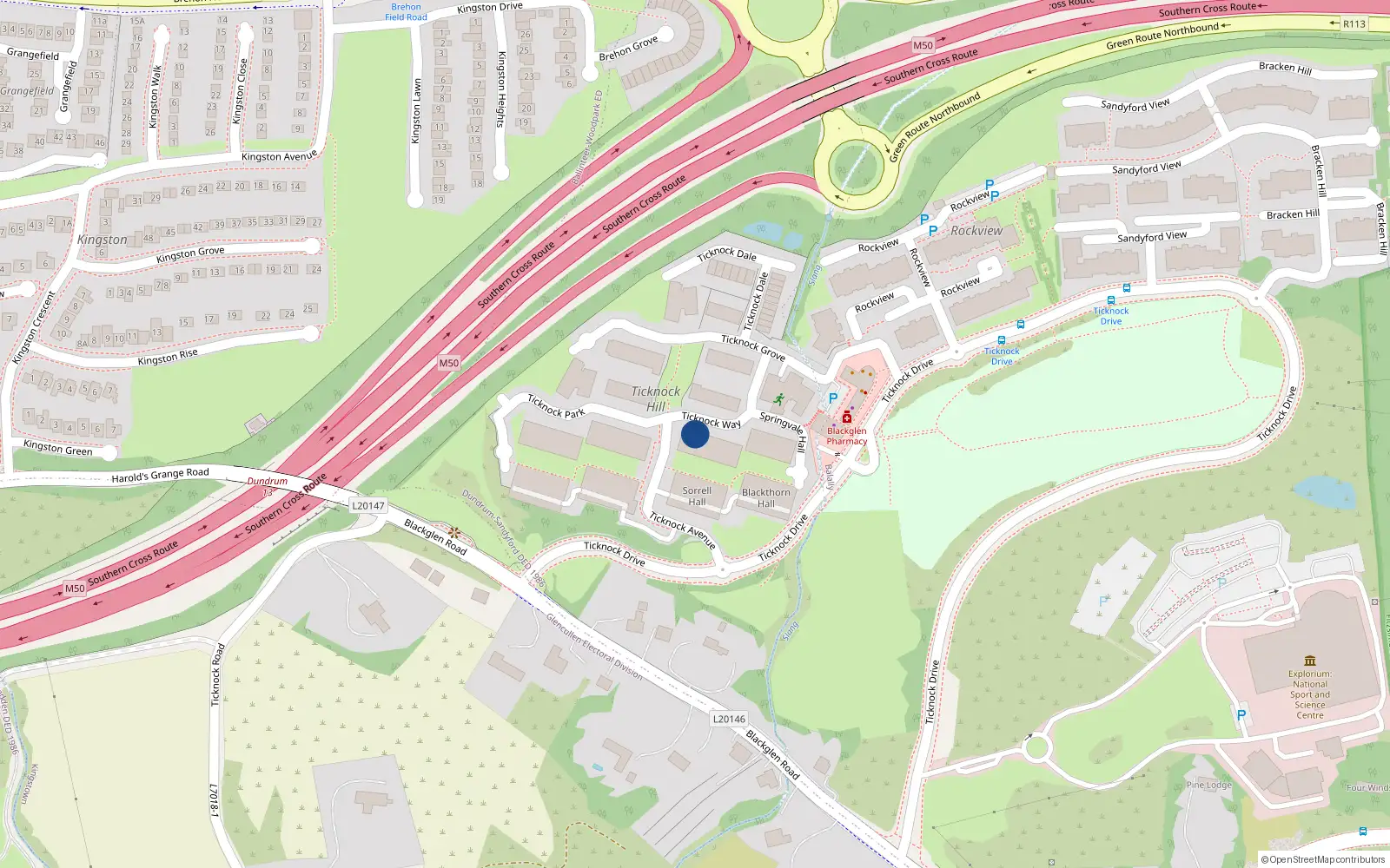 Overhead map showing the location of 10 Ticknock Way, Sandyford