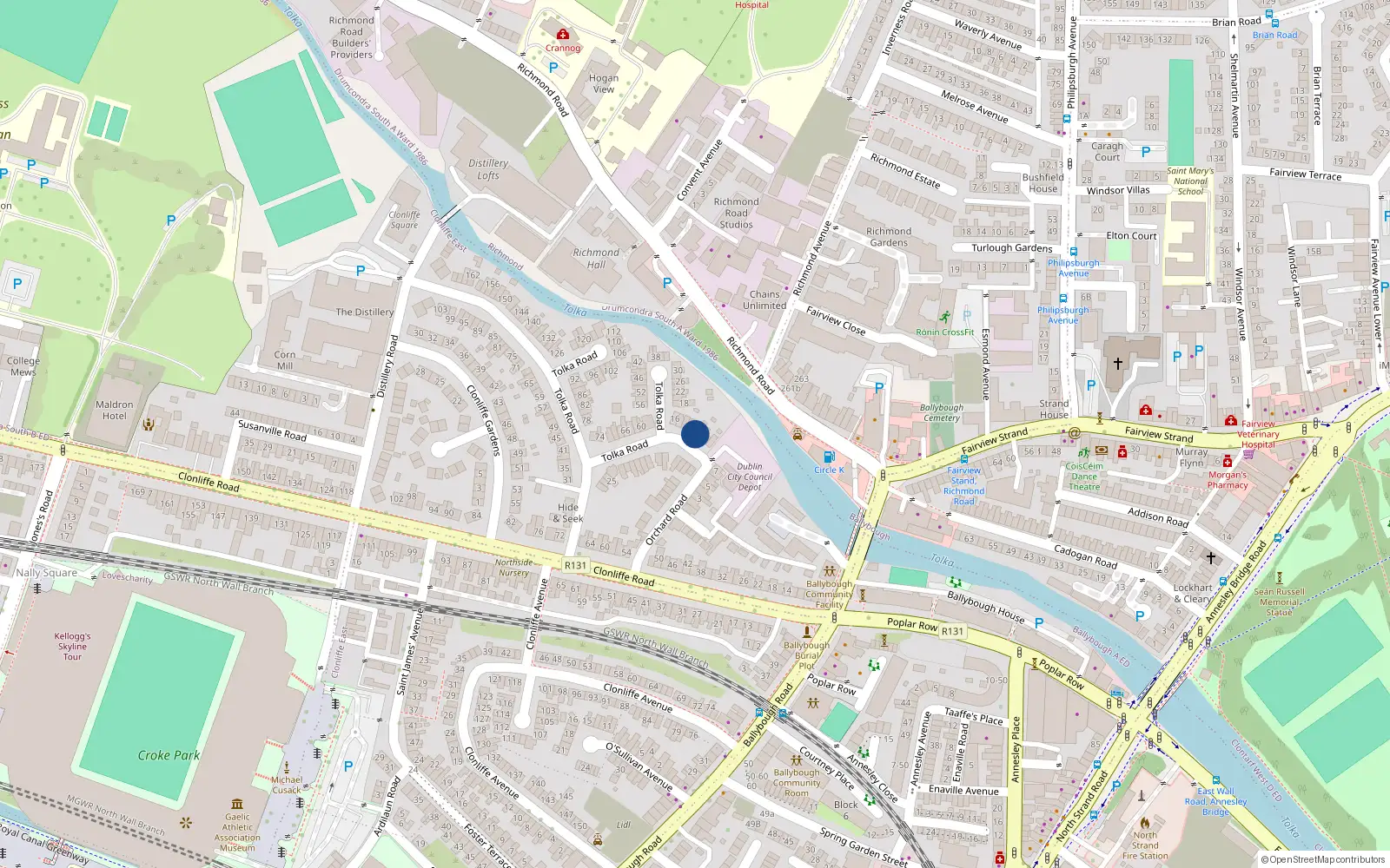 Overhead map showing the location of 10 Tolka Road, Dublin 3
