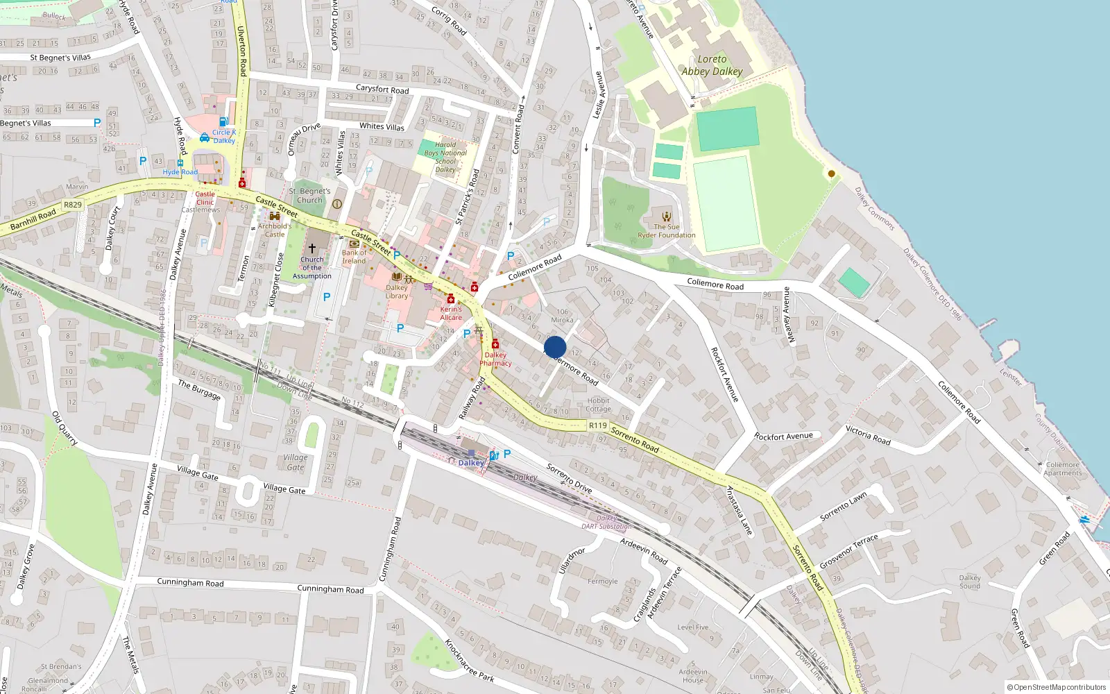 Overhead map showing the location of 10 Tubbermore Road, Dalkey, Dublin