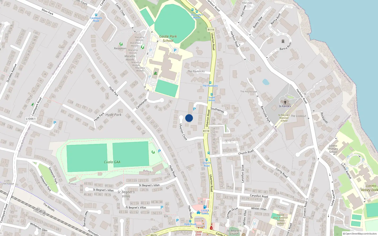 Overhead map showing the location of 10 Ulverton Close, Dalkey, Dublin