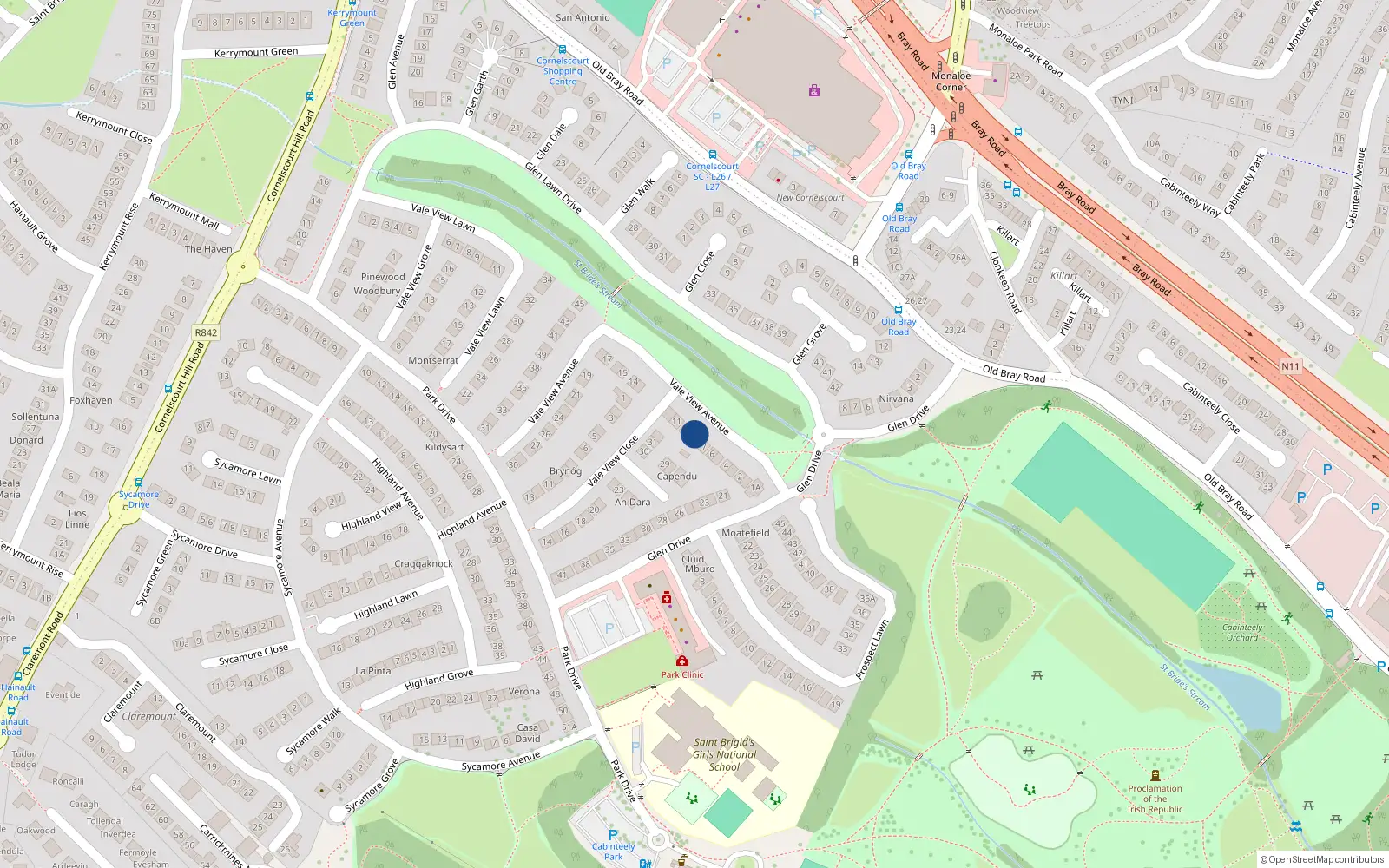 Overhead map showing the location of 10 Vale View Avenue, Dublin 18