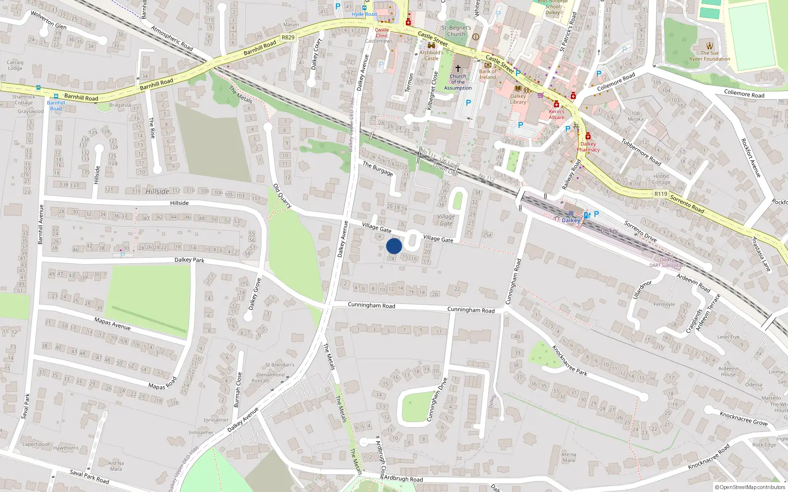 Overhead map showing the location of 10 Village Gate, Dalkey Avenue, Dalkey