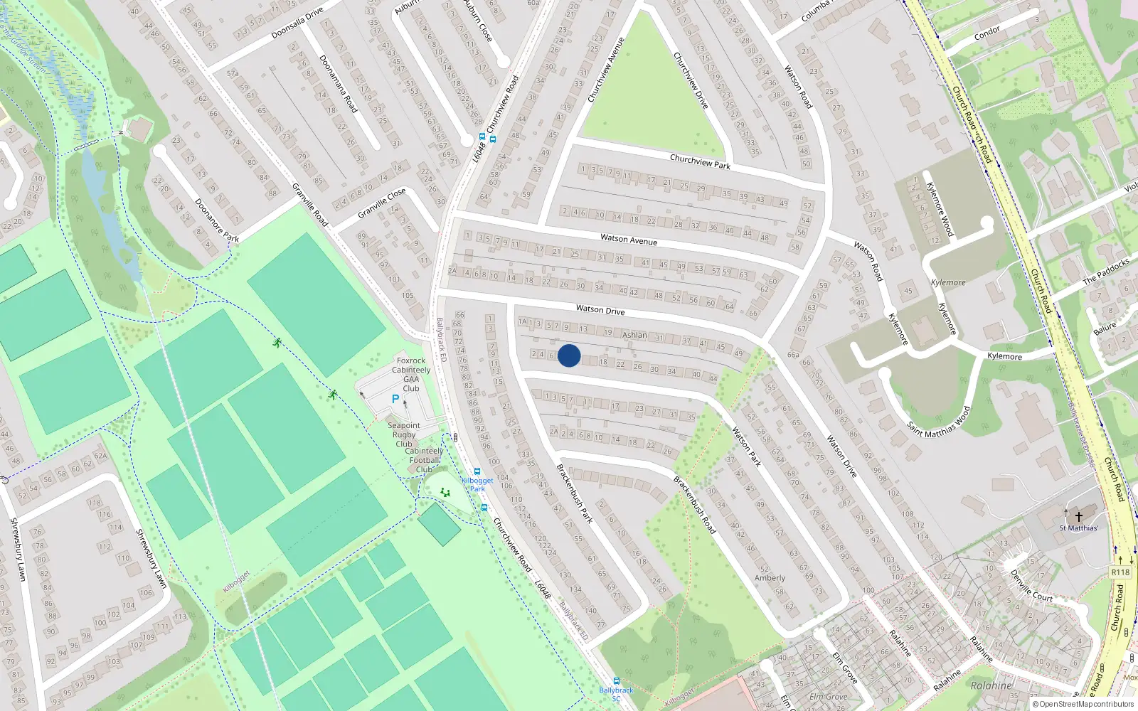Overhead map showing the location of 10 Watson Park, Killiney