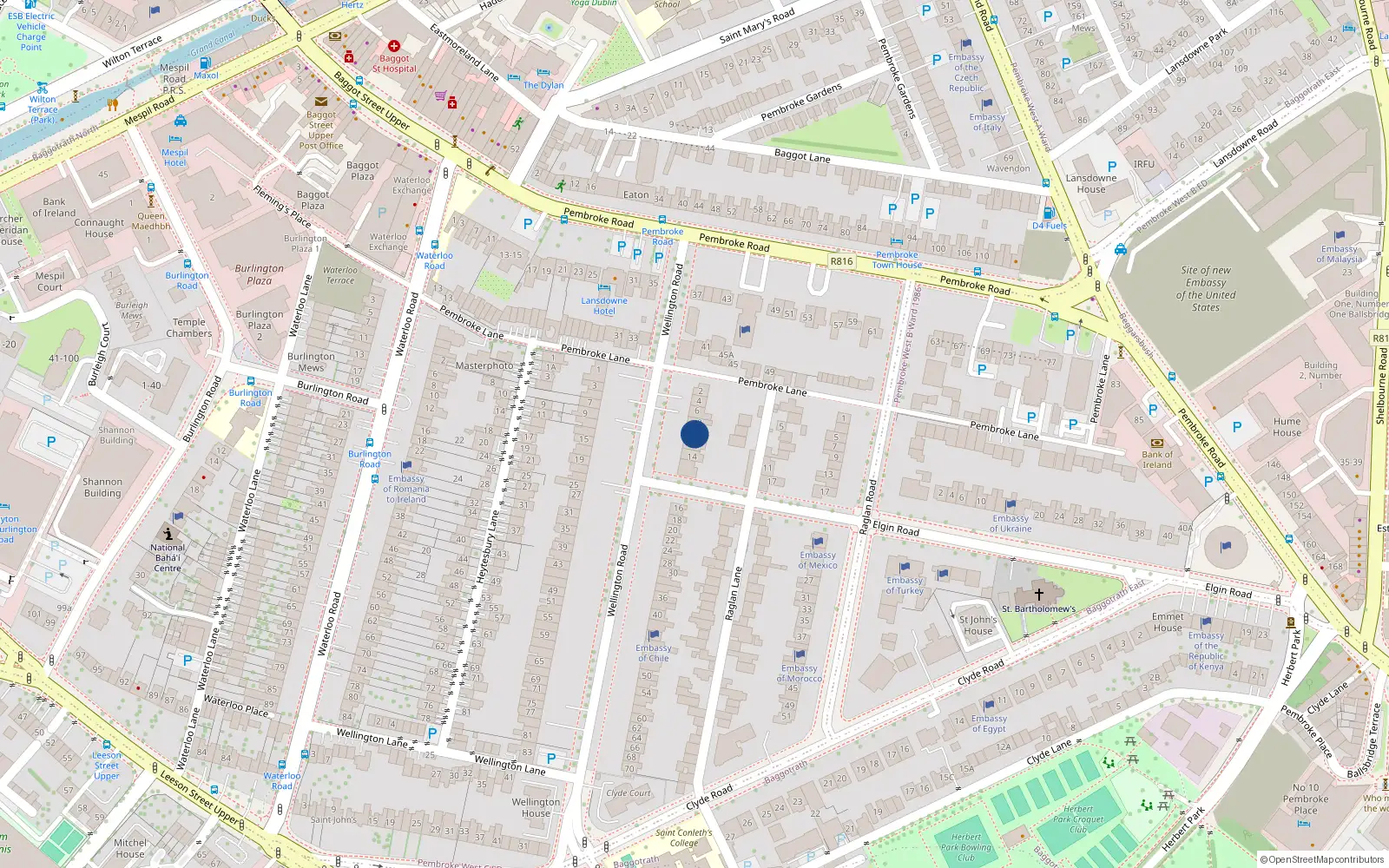 Overhead map showing the location of 10 Wellington Road, Dublin 4