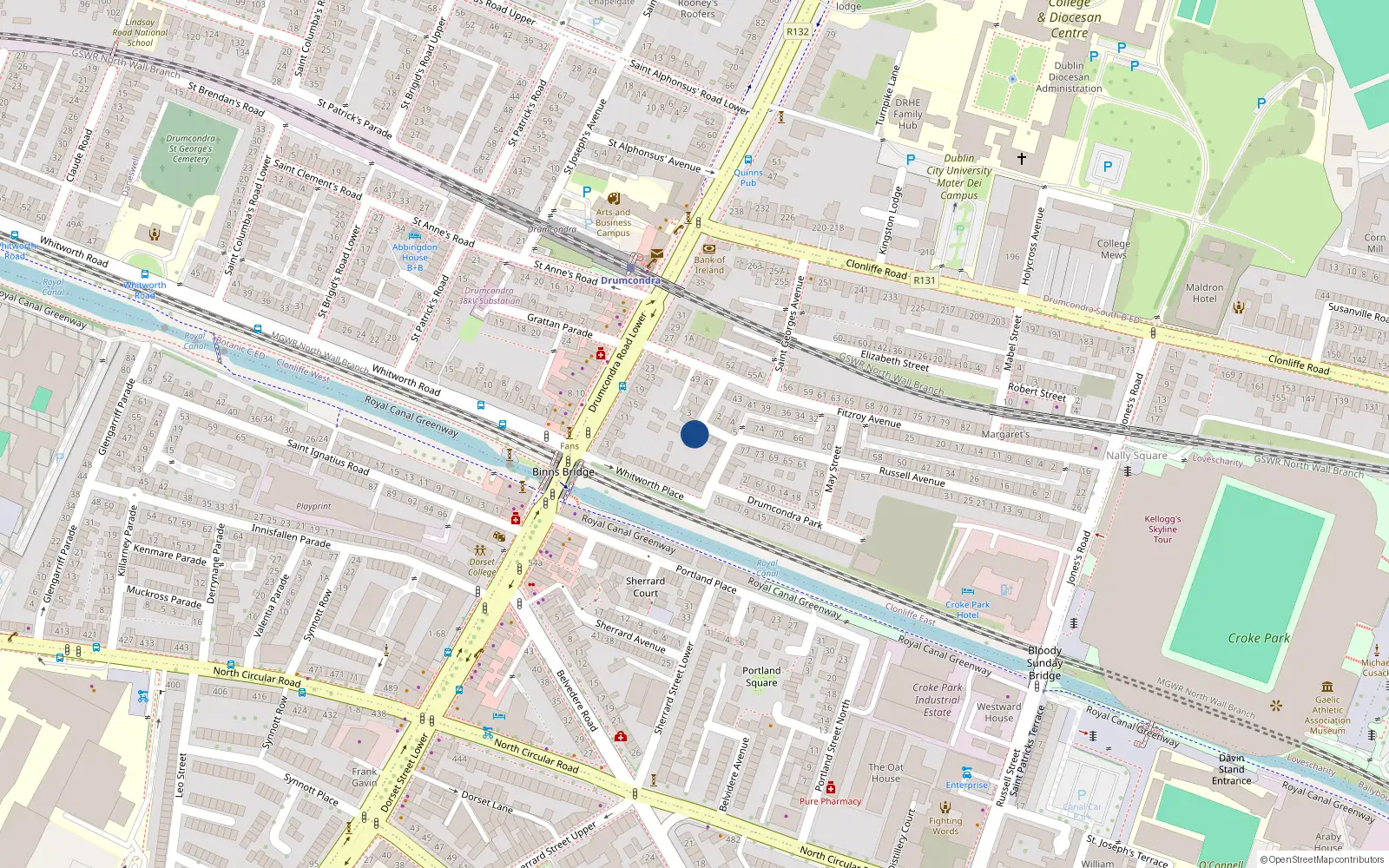 Overhead map showing the location of 10 Whitworth Terrace, Drumcondra, Dublin 3