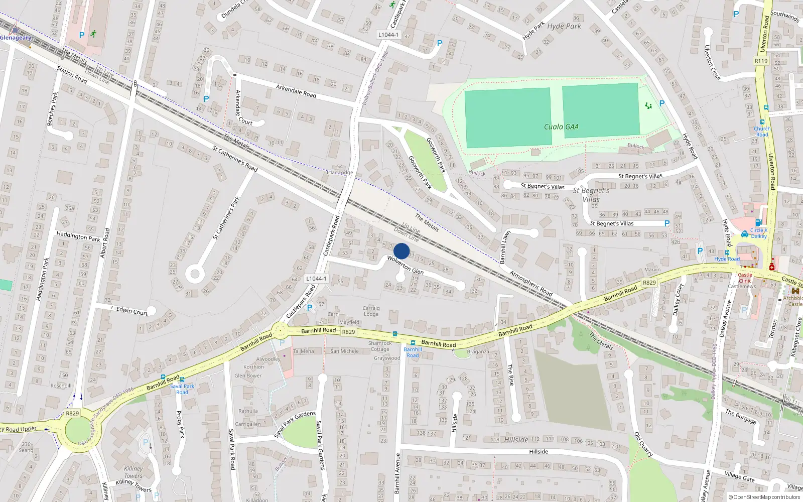 Overhead map showing the location of 10 Wolverton Glen, Dalkey, Dublin