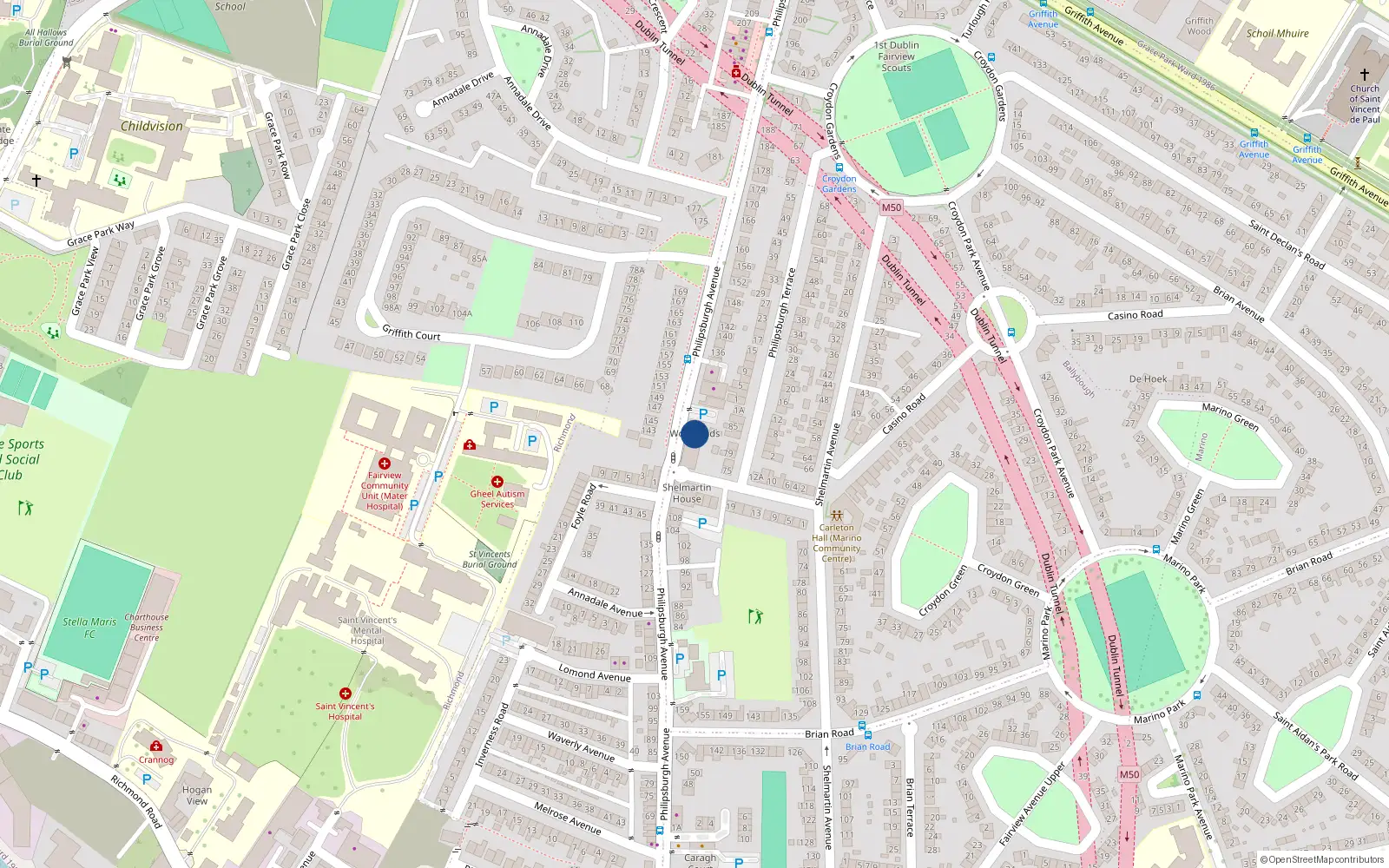 Overhead map showing the location of 10 Woodlands, Dublin 3